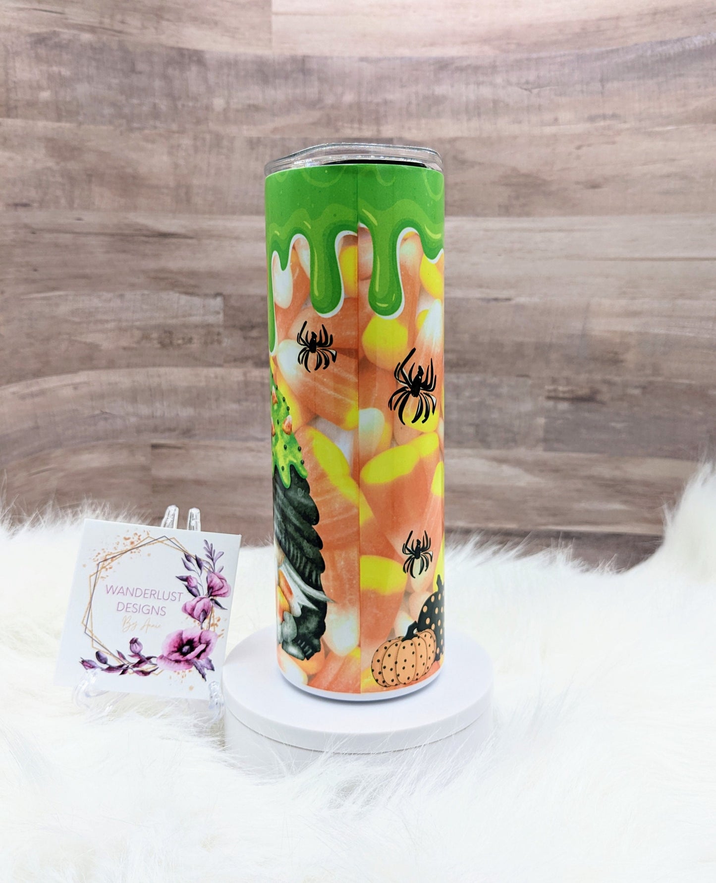 Gnome Candy Corn with Green Slime and Pumpkins Fall Halloween 20 Oz Sublimated Skinny Tumbler - Insulated Stainless