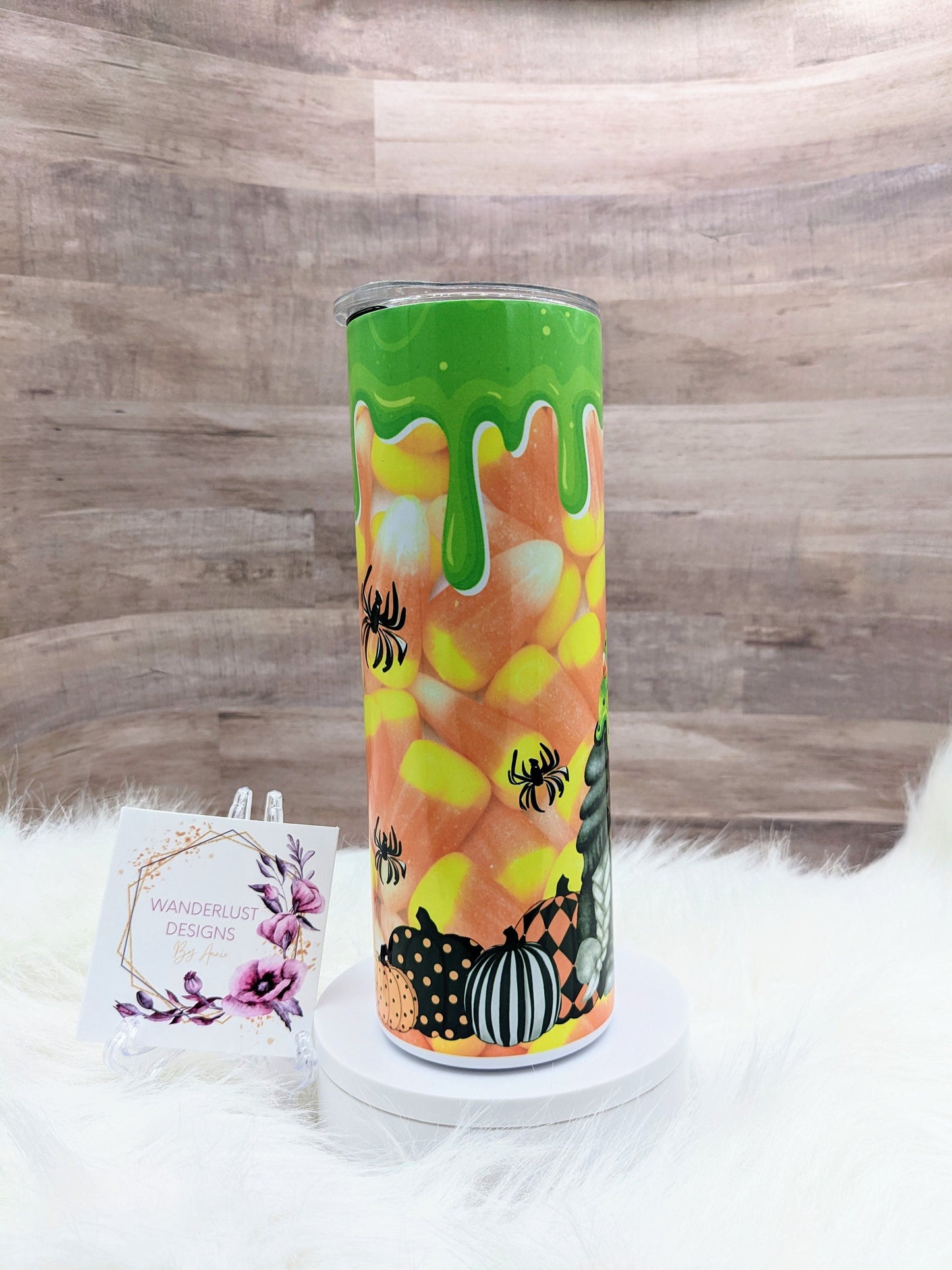 Gnome Candy Corn with Green Slime and Pumpkins Fall Halloween 20 Oz Sublimated Skinny Tumbler - Insulated Stainless
