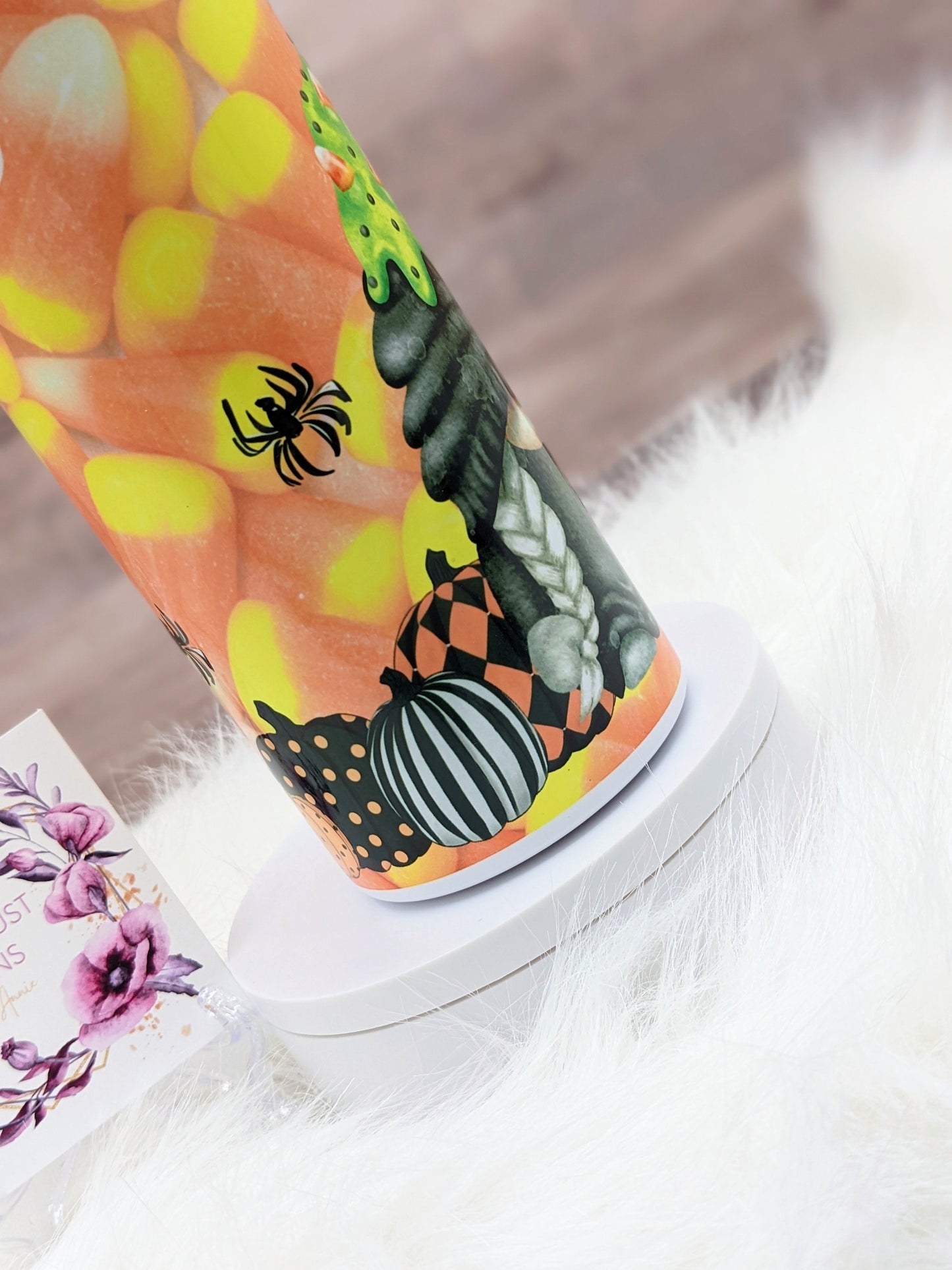 Gnome Candy Corn with Green Slime and Pumpkins Fall Halloween 20 Oz Sublimated Skinny Tumbler - Insulated Stainless