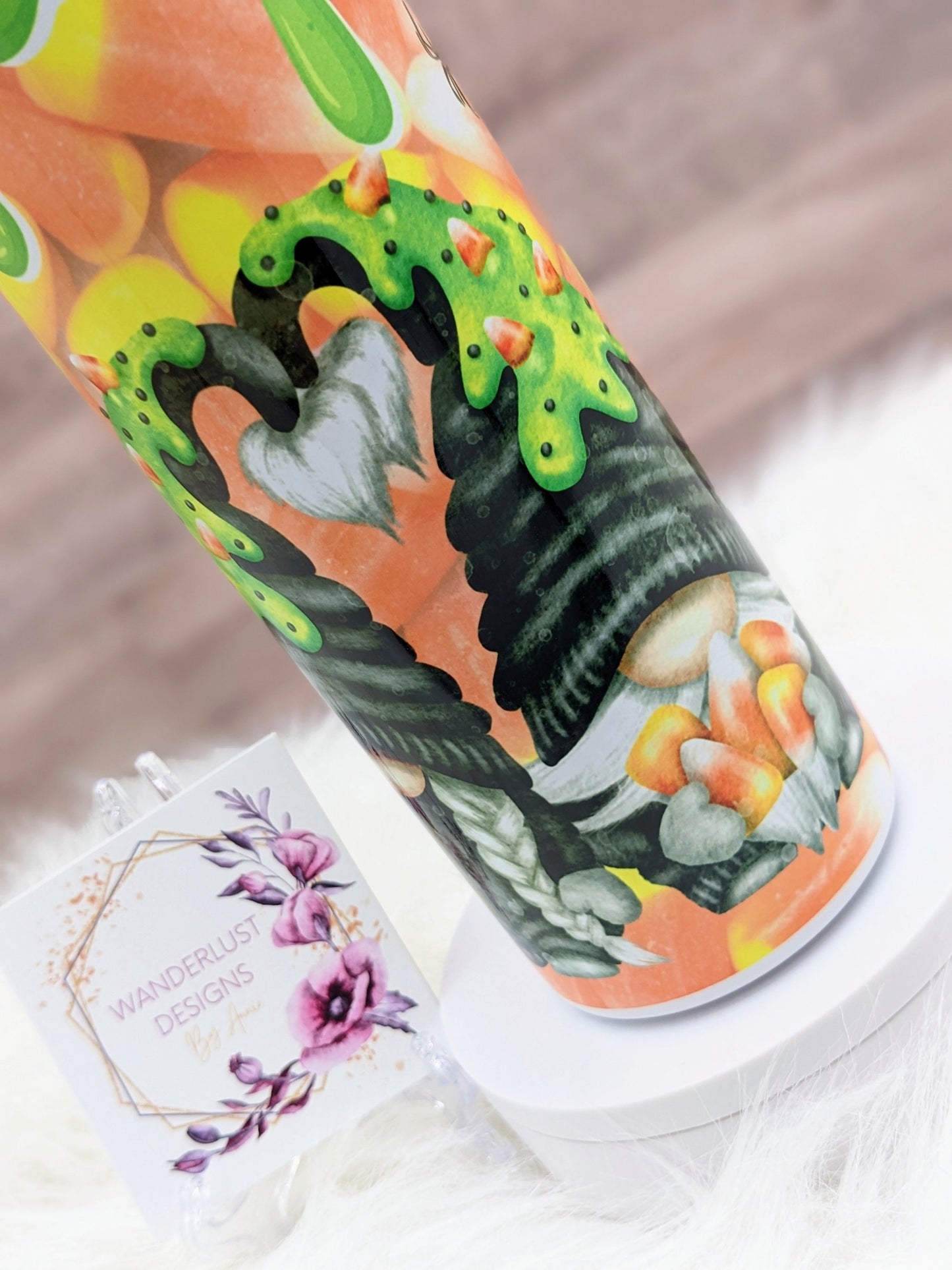Gnome Candy Corn with Green Slime and Pumpkins Fall Halloween 20 Oz Sublimated Skinny Tumbler - Insulated Stainless