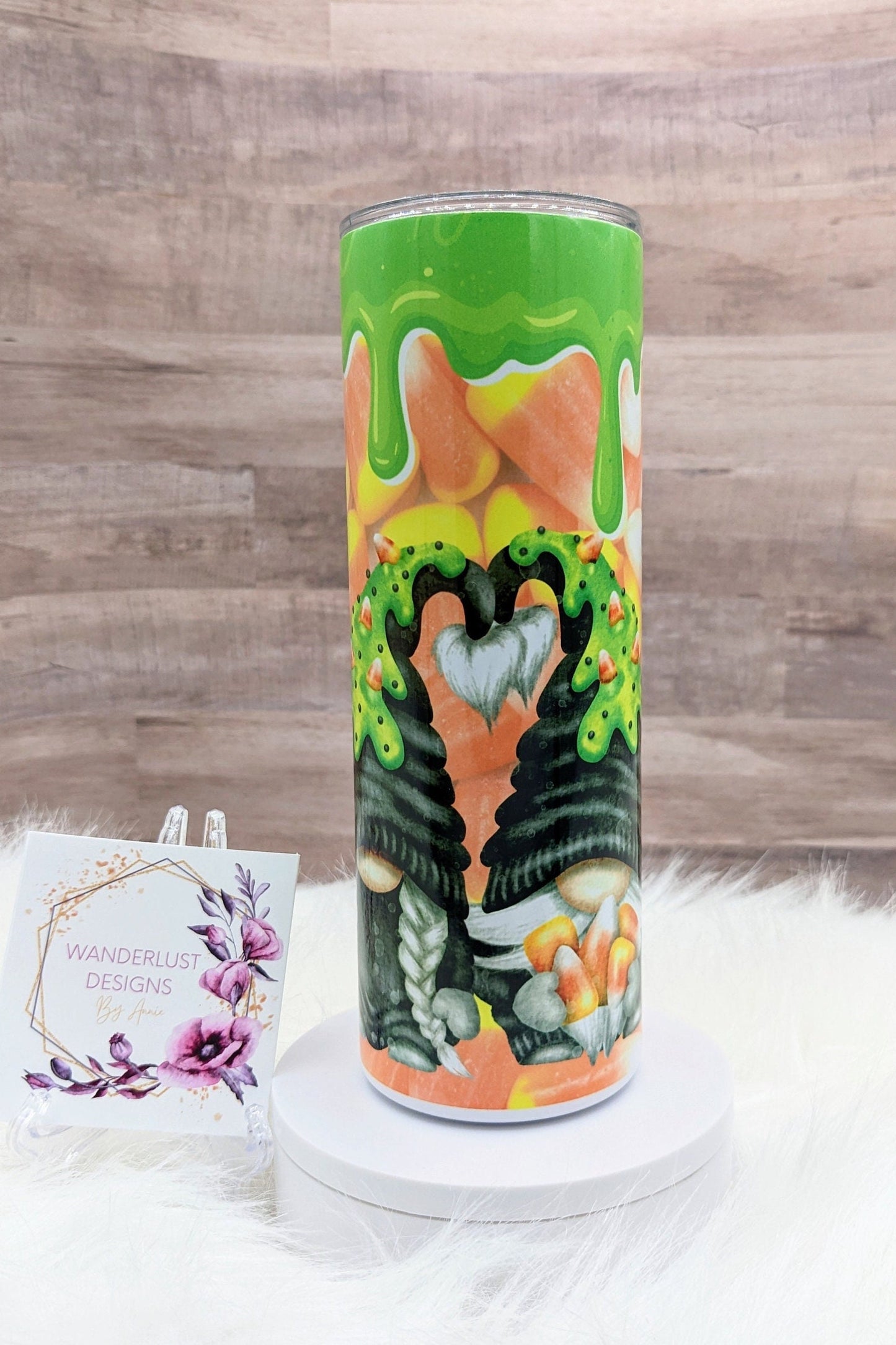 Gnome Candy Corn with Green Slime and Pumpkins Fall Halloween 20 Oz Sublimated Skinny Tumbler - Insulated Stainless