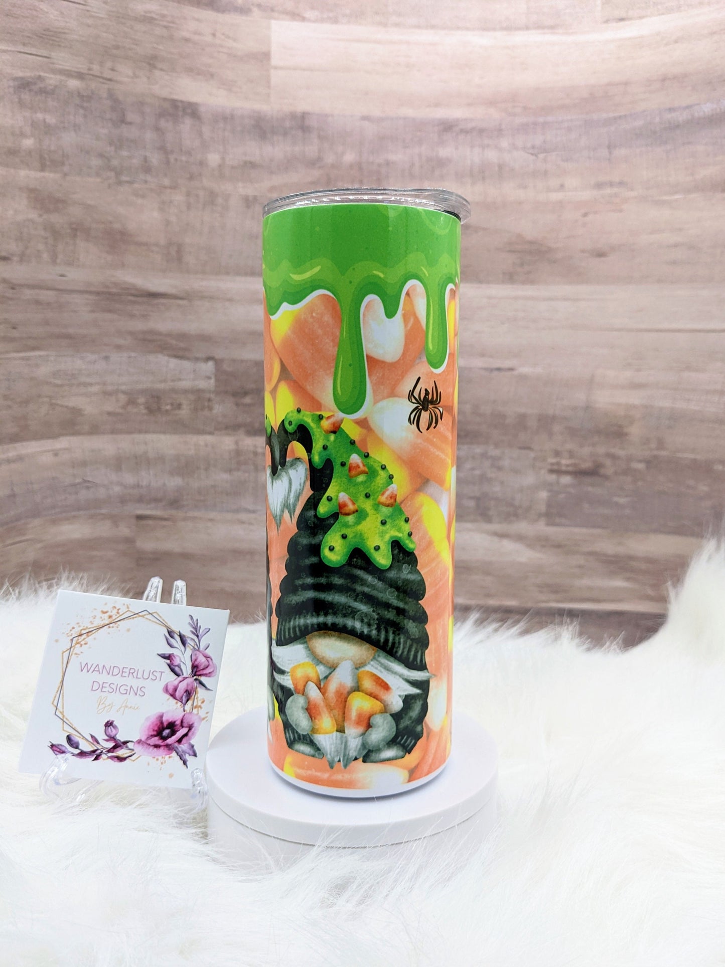 Gnome Candy Corn with Green Slime and Pumpkins Fall Halloween 20 Oz Sublimated Skinny Tumbler - Insulated Stainless