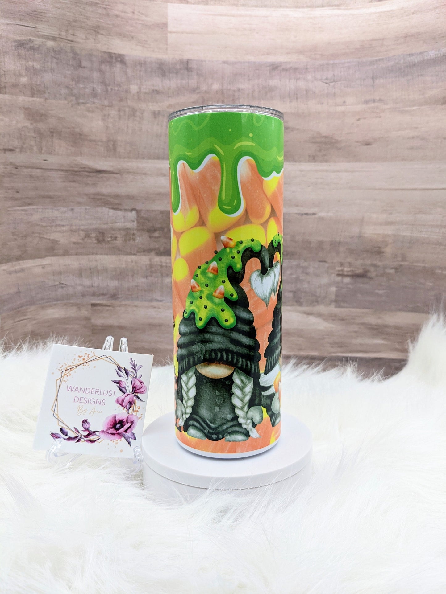 Gnome Candy Corn with Green Slime and Pumpkins Fall Halloween 20 Oz Sublimated Skinny Tumbler - Insulated Stainless