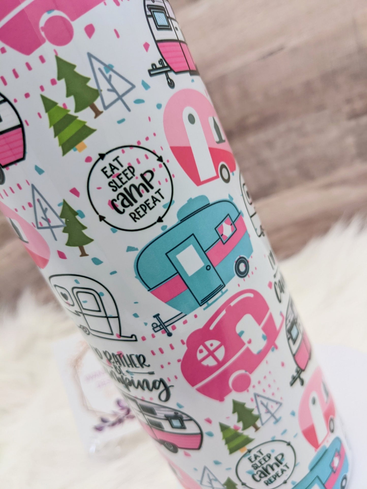 Camping Pink and Blue/Teal Campers 20 Oz Sublimated Skinny Tumbler - Insulated Stainless