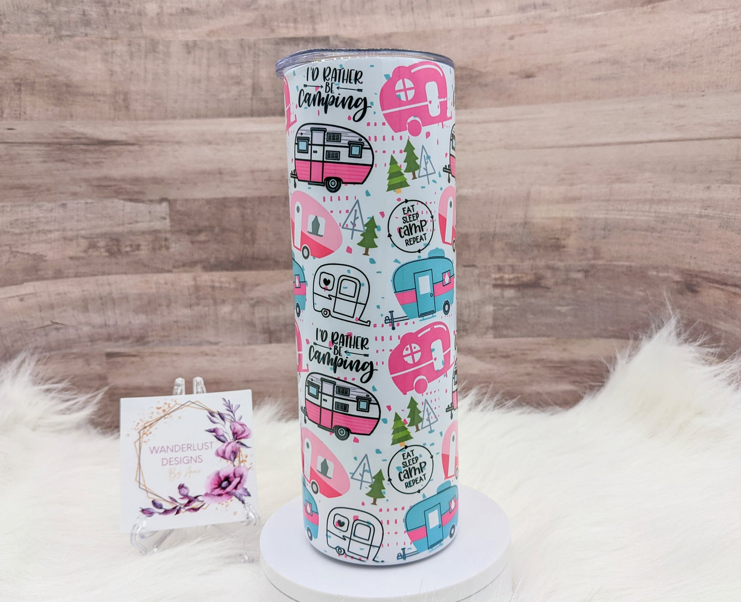 Camping Pink and Blue/Teal Campers 20 Oz Sublimated Skinny Tumbler - Insulated Stainless