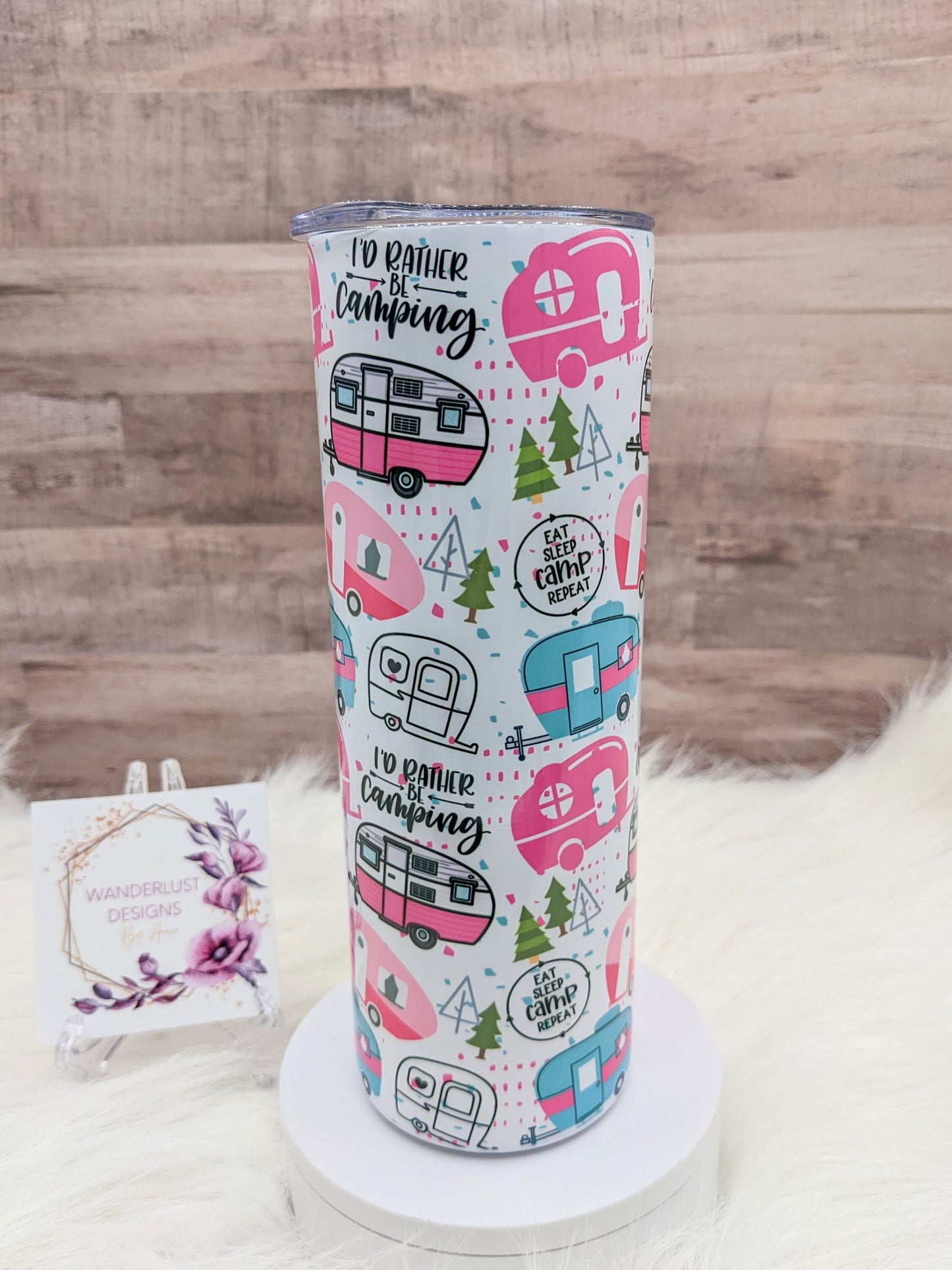 Camping Pink and Blue/Teal Campers 20 Oz Sublimated Skinny Tumbler - Insulated Stainless