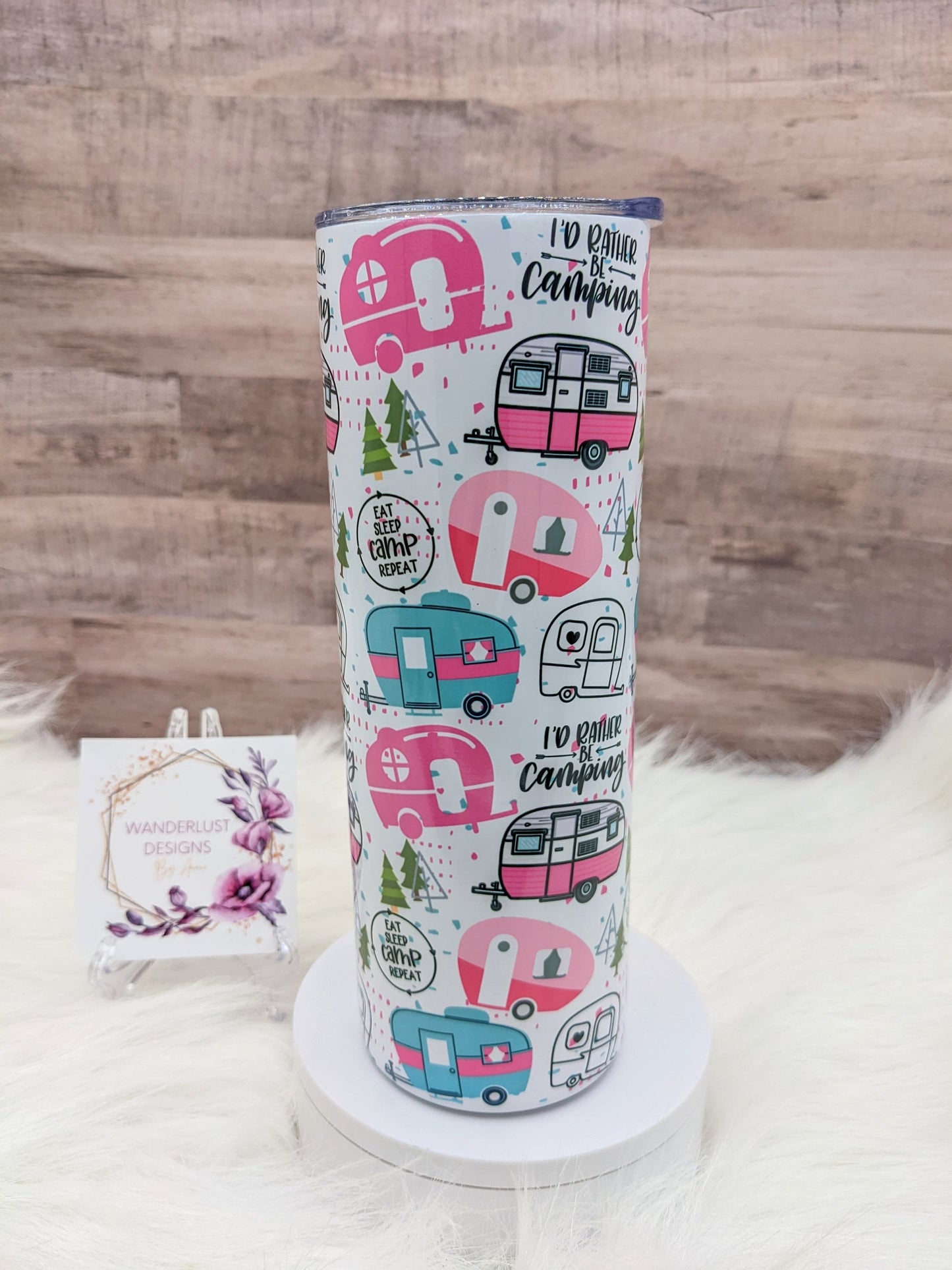 Camping Pink and Blue/Teal Campers 20 Oz Sublimated Skinny Tumbler - Insulated Stainless