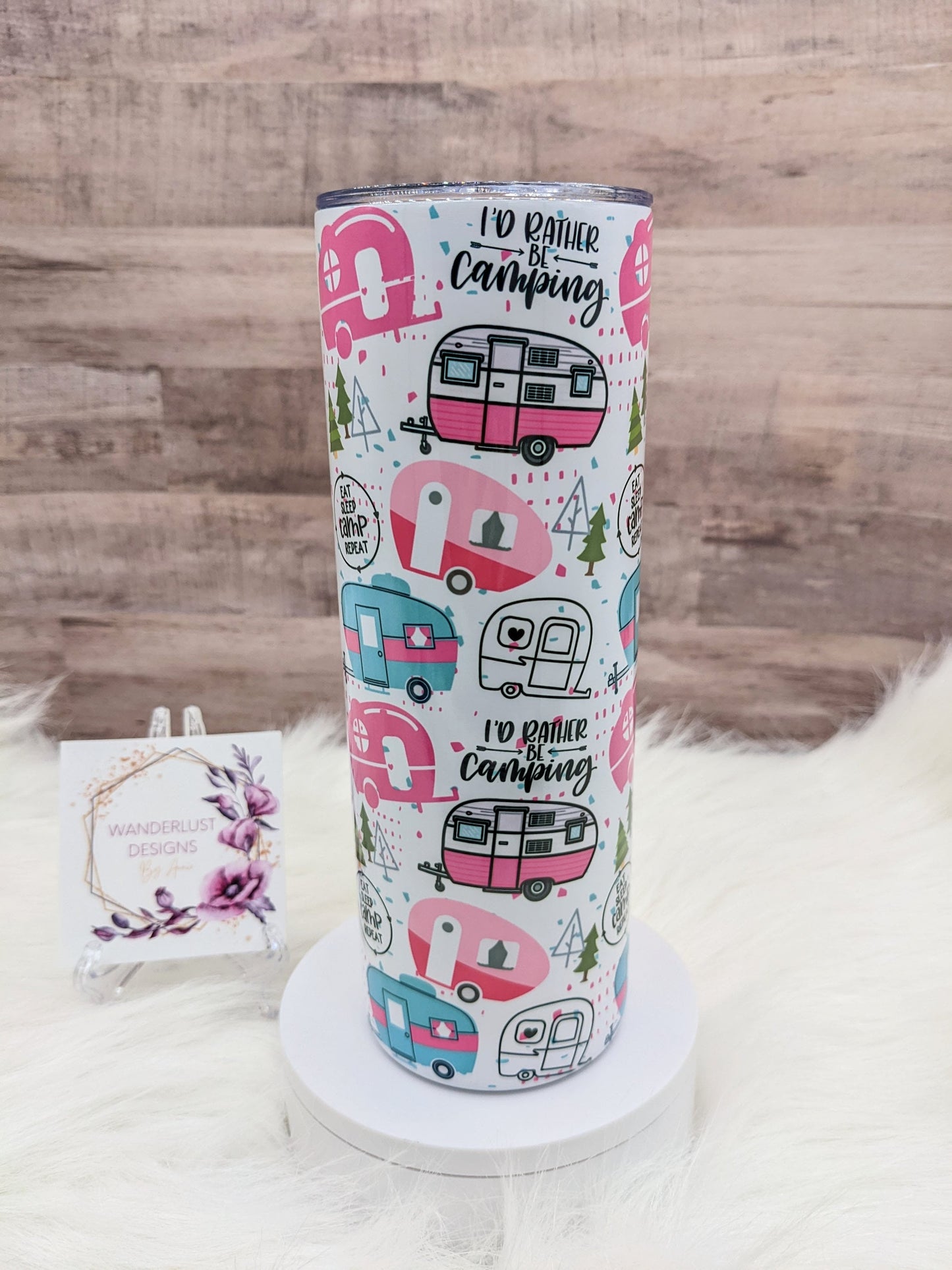 Camping Pink and Blue/Teal Campers 20 Oz Sublimated Skinny Tumbler - Insulated Stainless