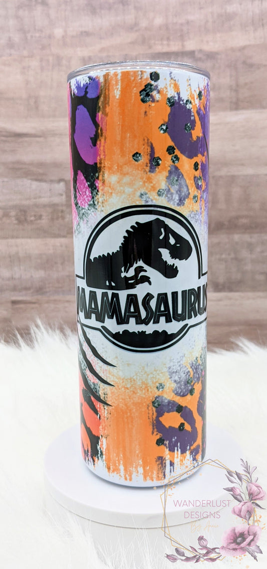 Mamasaurus Mom Dinosaur Bright T-Rex Sublimation 20 Oz Skinny Tumbler - Insulated Stainless