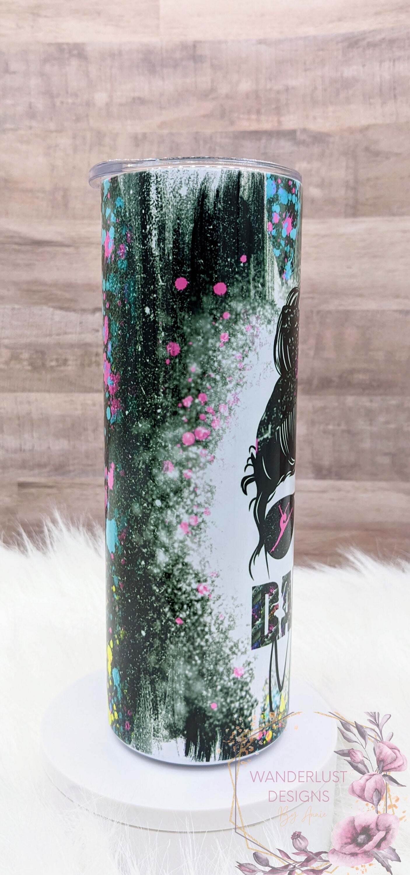 Dance Mom Brush Splatter Bun & Glasses Sublimation 20 Oz Skinny Tumbler - Insulated Stainless Bright