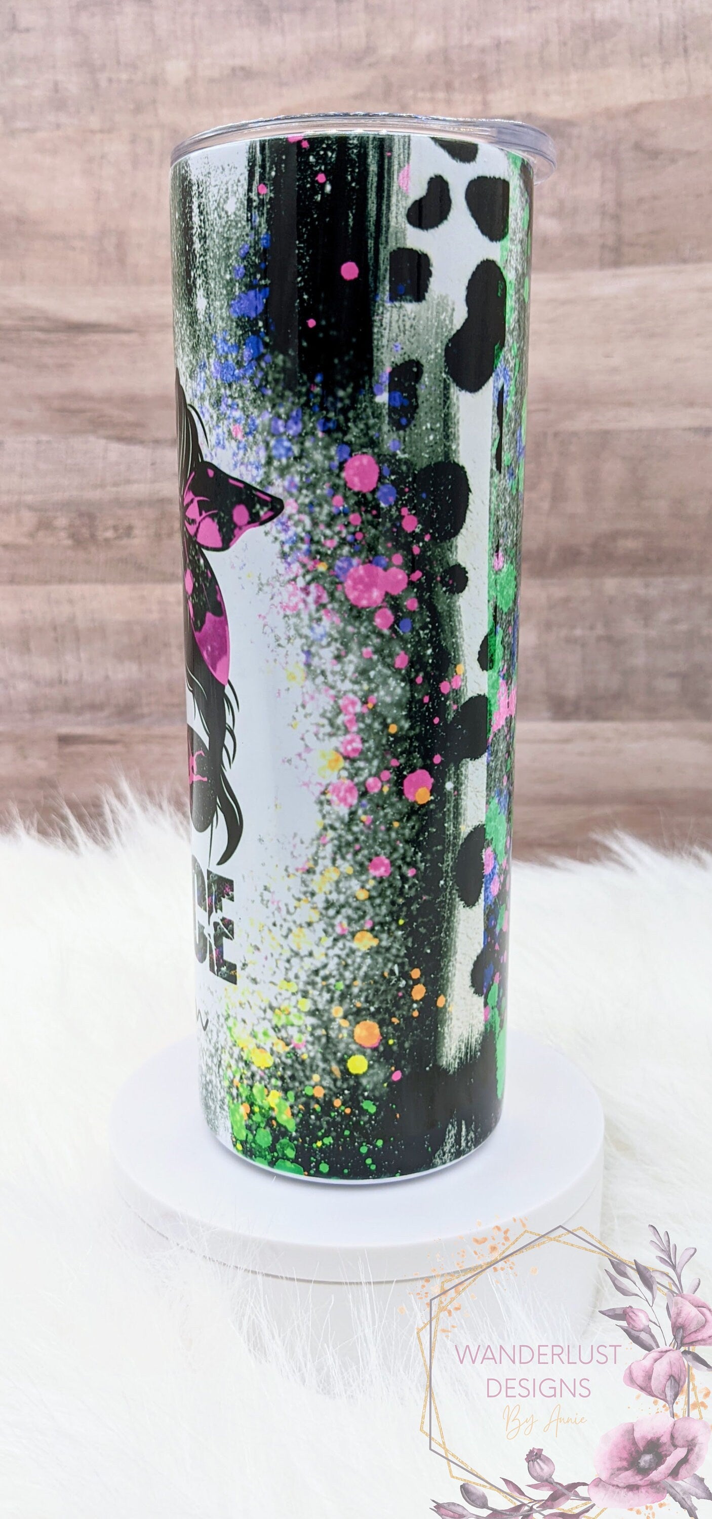 Dance Mom Brush Splatter Bun & Glasses Sublimation 20 Oz Skinny Tumbler - Insulated Stainless Bright