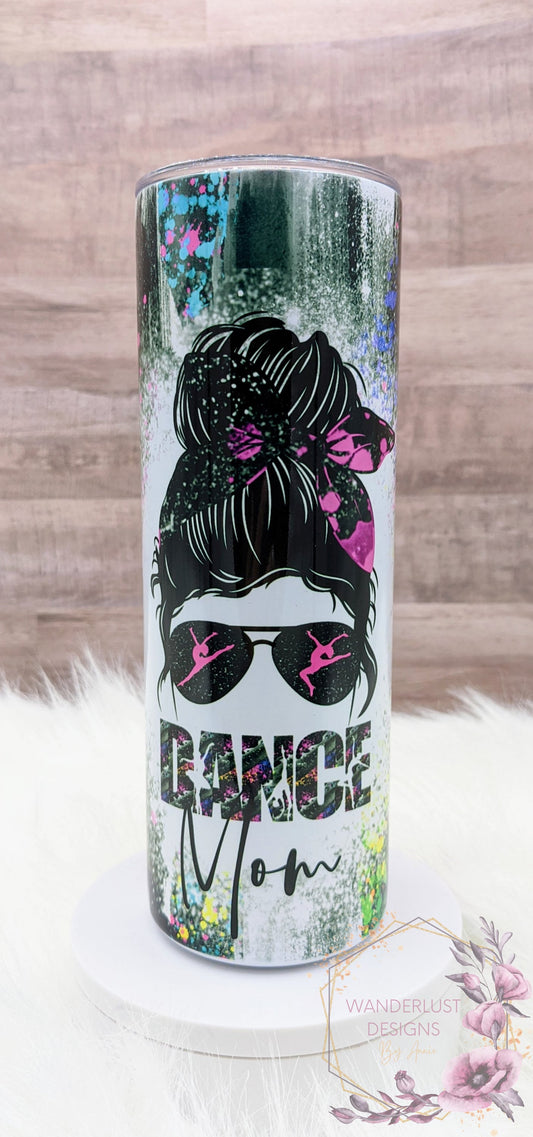 Dance Mom Brush Splatter Bun & Glasses Sublimation 20 Oz Skinny Tumbler - Insulated Stainless Bright