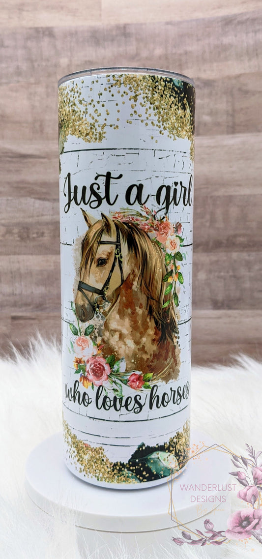 Just a Girl Who Loves Horses Floral Equestrian 20 Oz Sublimated Skinny Tumbler - Insulated Stainless