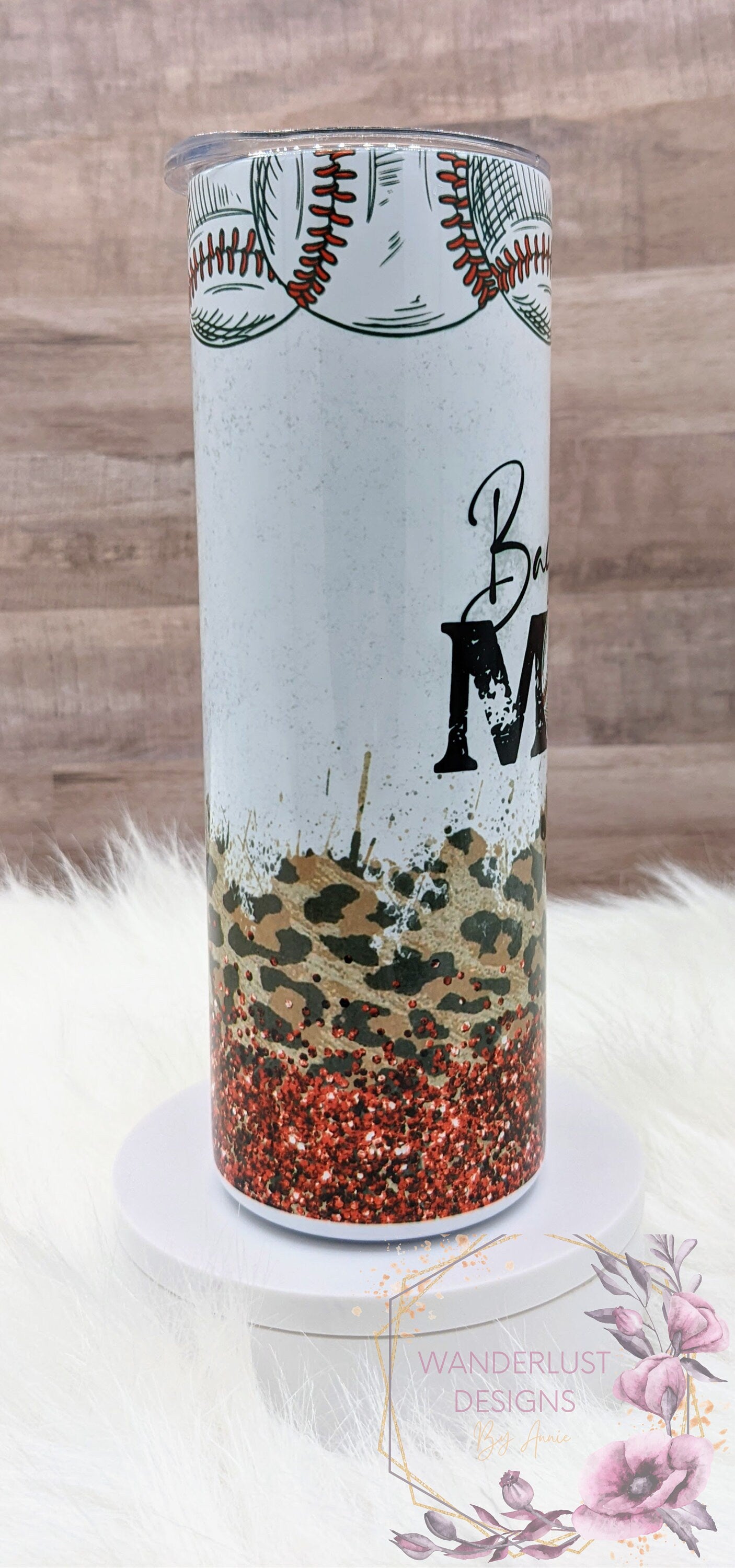 Baseball Mom Leopard Red Glitter Distressed 20 Oz Sublimated Skinny Tumbler - Insulated Stainless