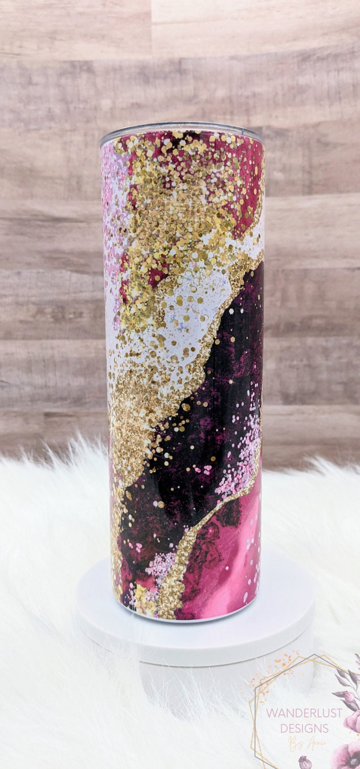 Pink, Plum, Gold & Iridescent Agate 20 Oz Sublimated Skinny Tumbler - Insulated Stainless