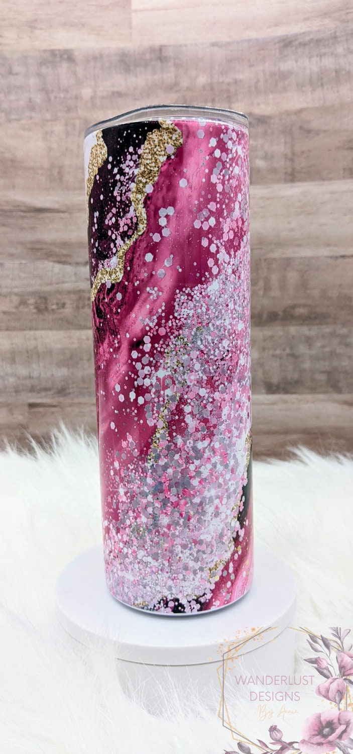 Pink, Plum, Gold & Iridescent Agate 20 Oz Sublimated Skinny Tumbler - Insulated Stainless