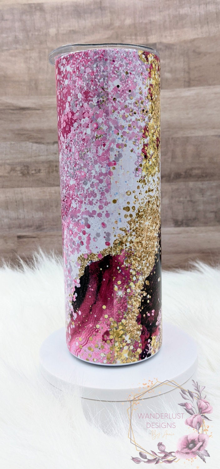 Pink, Plum, Gold & Iridescent Agate 20 Oz Sublimated Skinny Tumbler - Insulated Stainless