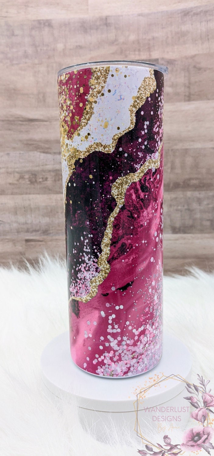 Pink, Plum, Gold & Iridescent Agate 20 Oz Sublimated Skinny Tumbler - Insulated Stainless