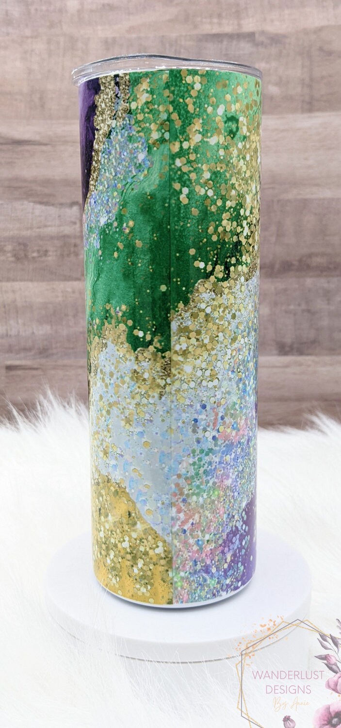 Purple, Green, Gold Agate Iridescent Glitter Mardi Gras 20 Oz Sublimated Skinny Tumbler - Insulated Stainless