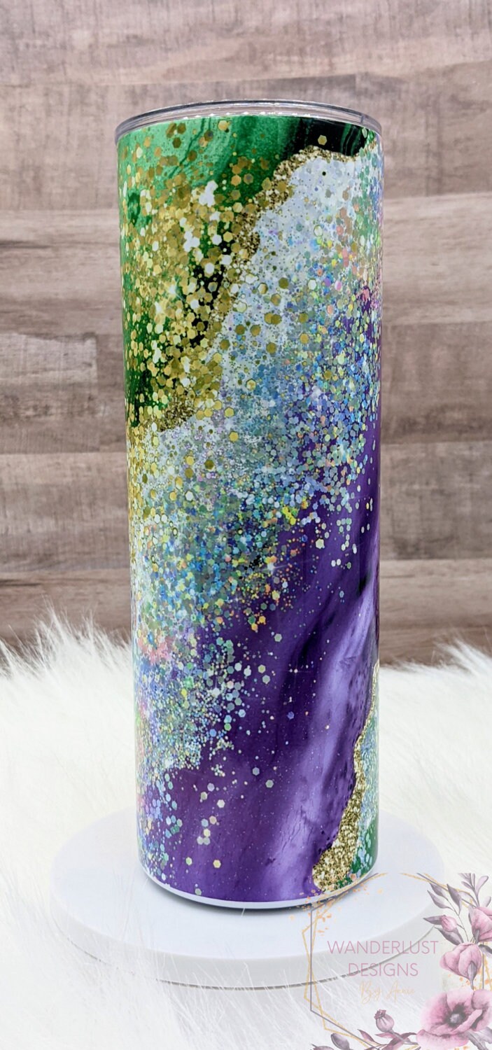 Purple, Green, Gold Agate Iridescent Glitter Mardi Gras 20 Oz Sublimated Skinny Tumbler - Insulated Stainless