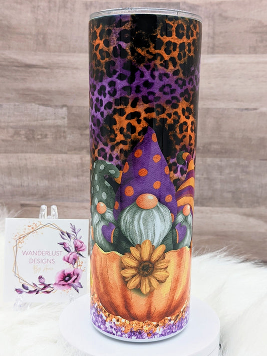 Halloween Boo Gnomes with Leopard & Glitter Pumpkins Fall  20 Oz Sublimated Skinny Tumbler - Insulated Stainless