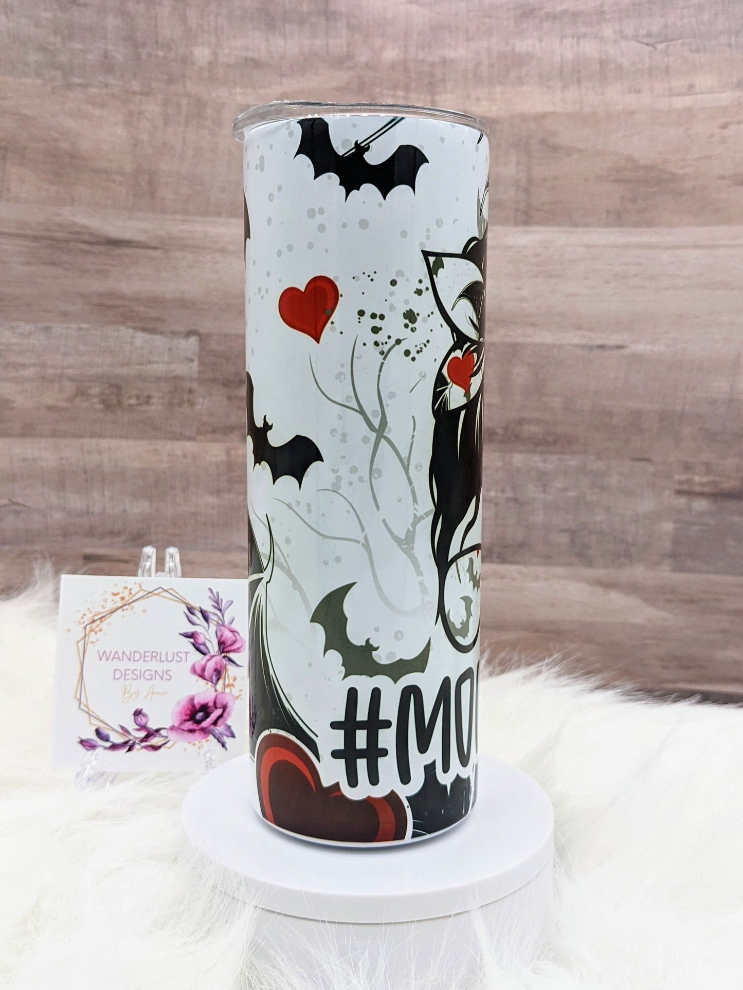 Momster Spooky Mom Bats & Hearts 20 Oz Sublimated Skinny Tumbler - Insulated Stainless Bun and Glasses Black, Grey and Red