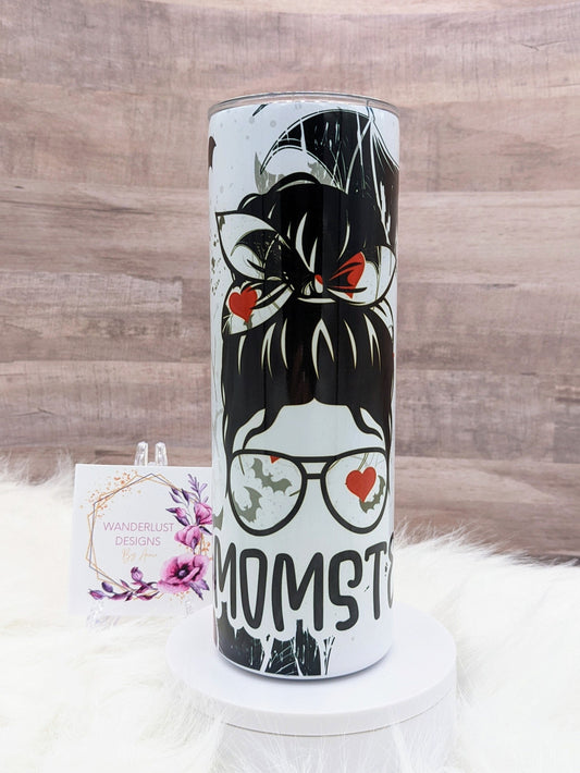 Momster Spooky Mom Bats & Hearts 20 Oz Sublimated Skinny Tumbler - Insulated Stainless Bun and Glasses Black, Grey and Red