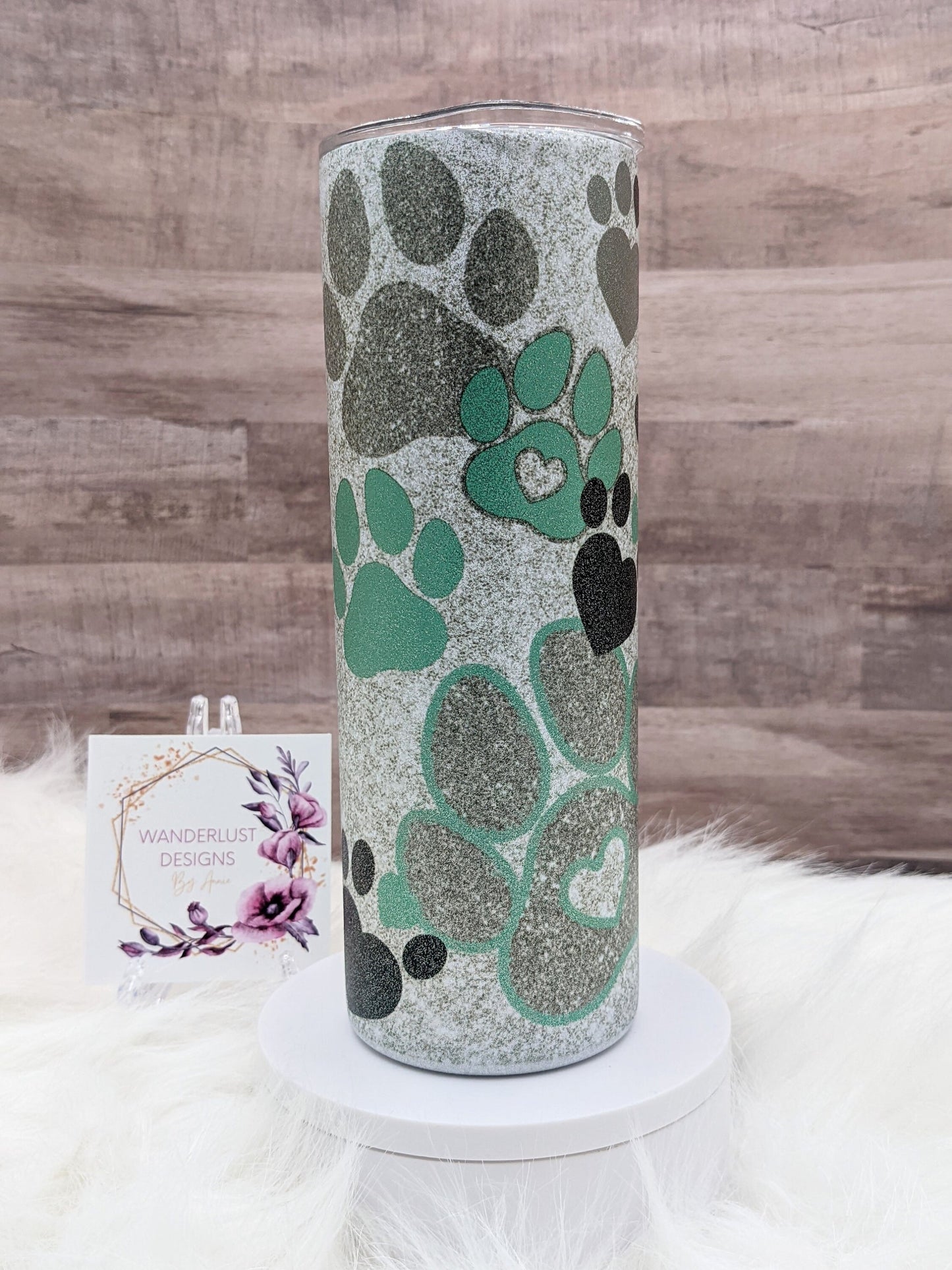 Dog Paws Pet Paws Silver Glitter Textured 20 Oz Sublimated Skinny Tumbler - Insulated Stainless Mint Green & Grey