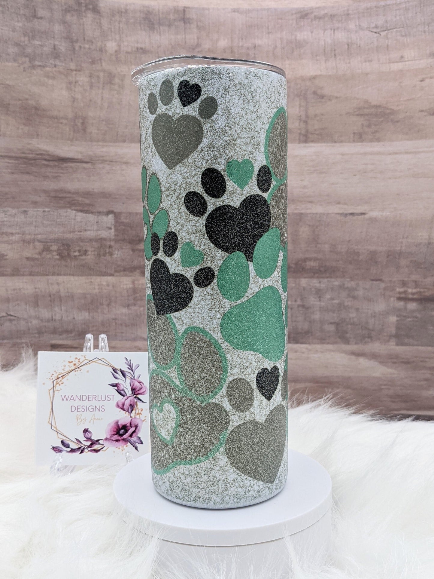 Dog Paws Pet Paws Silver Glitter Textured 20 Oz Sublimated Skinny Tumbler - Insulated Stainless Mint Green & Grey