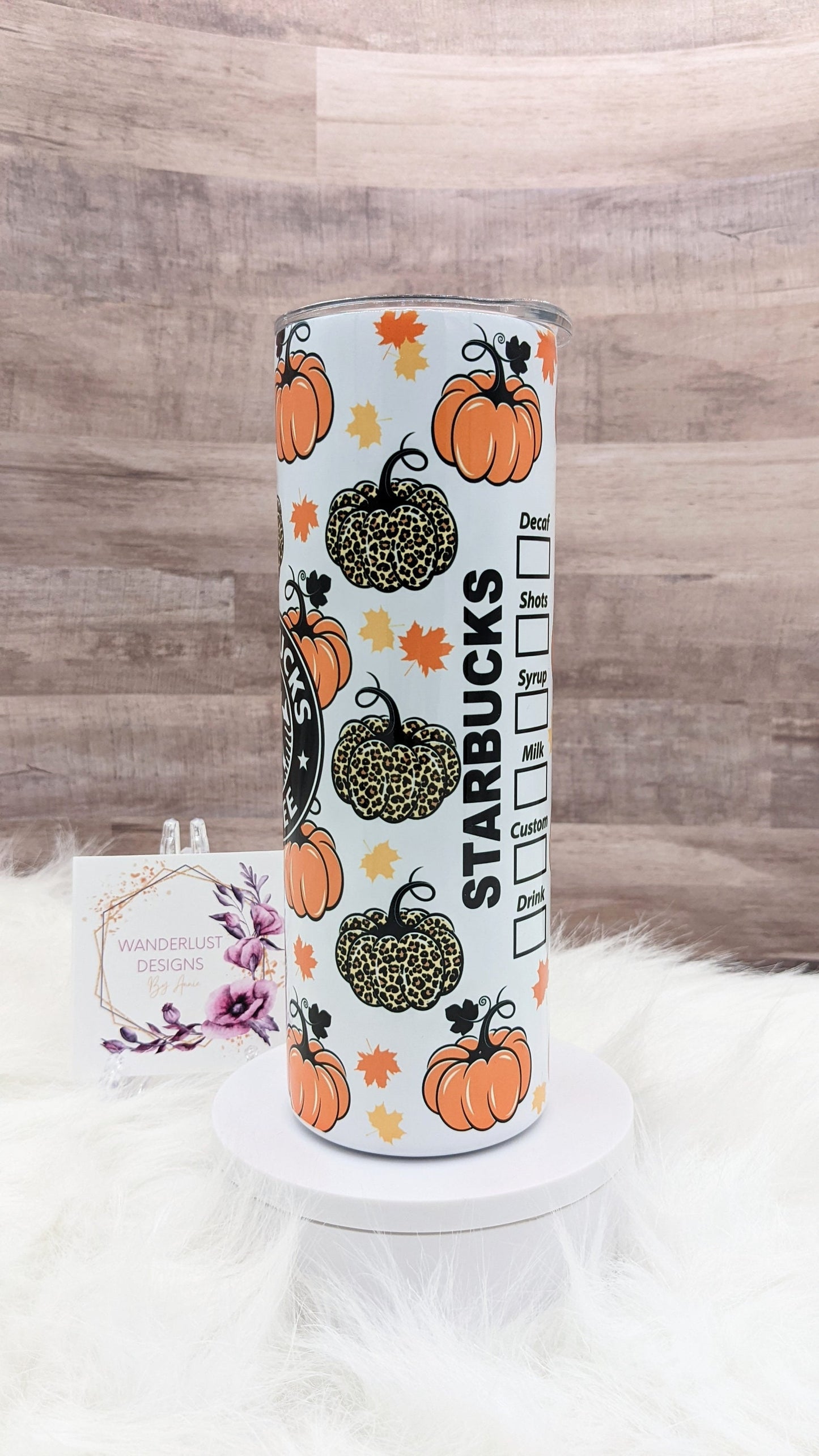 Fall Coffee Leopard Pumpkin Leaves Starbucks 20 Oz Sublimated Skinny Tumbler - Insulated Stainless