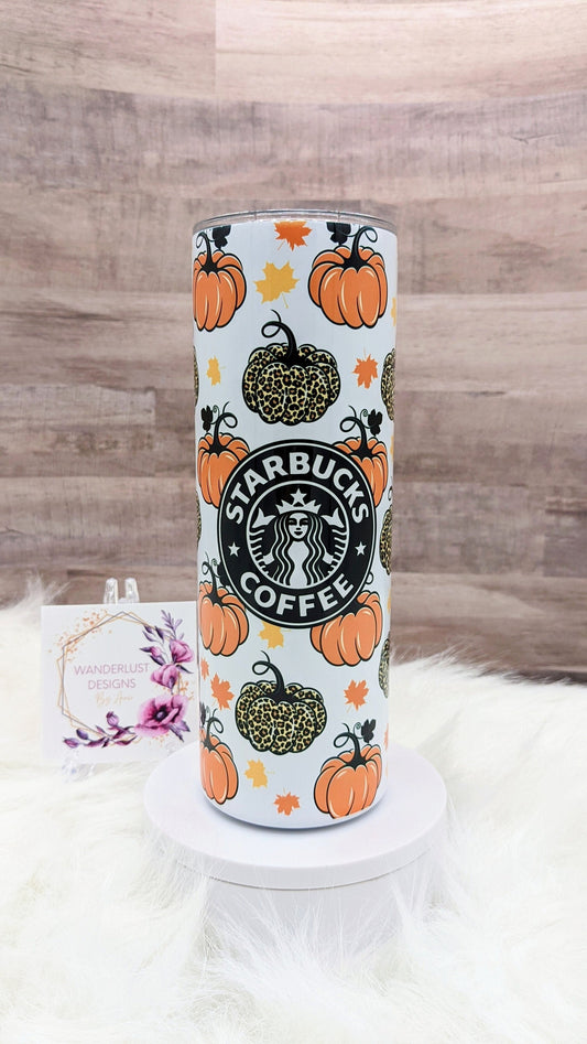 Fall Coffee Leopard Pumpkin Leaves Starbucks 20 Oz Sublimated Skinny Tumbler - Insulated Stainless