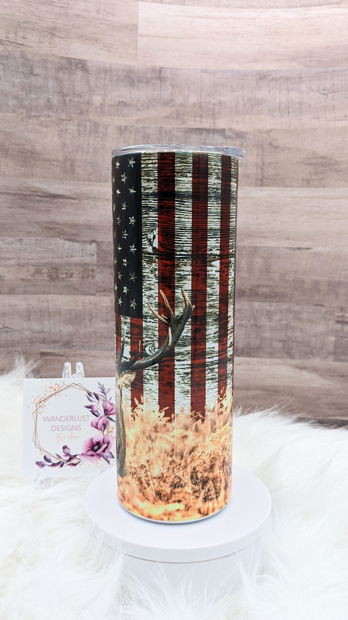 Deer with American Flag Buck Hunting 20 Oz Sublimated Skinny Tumbler - Insulated Stainless Patriotic