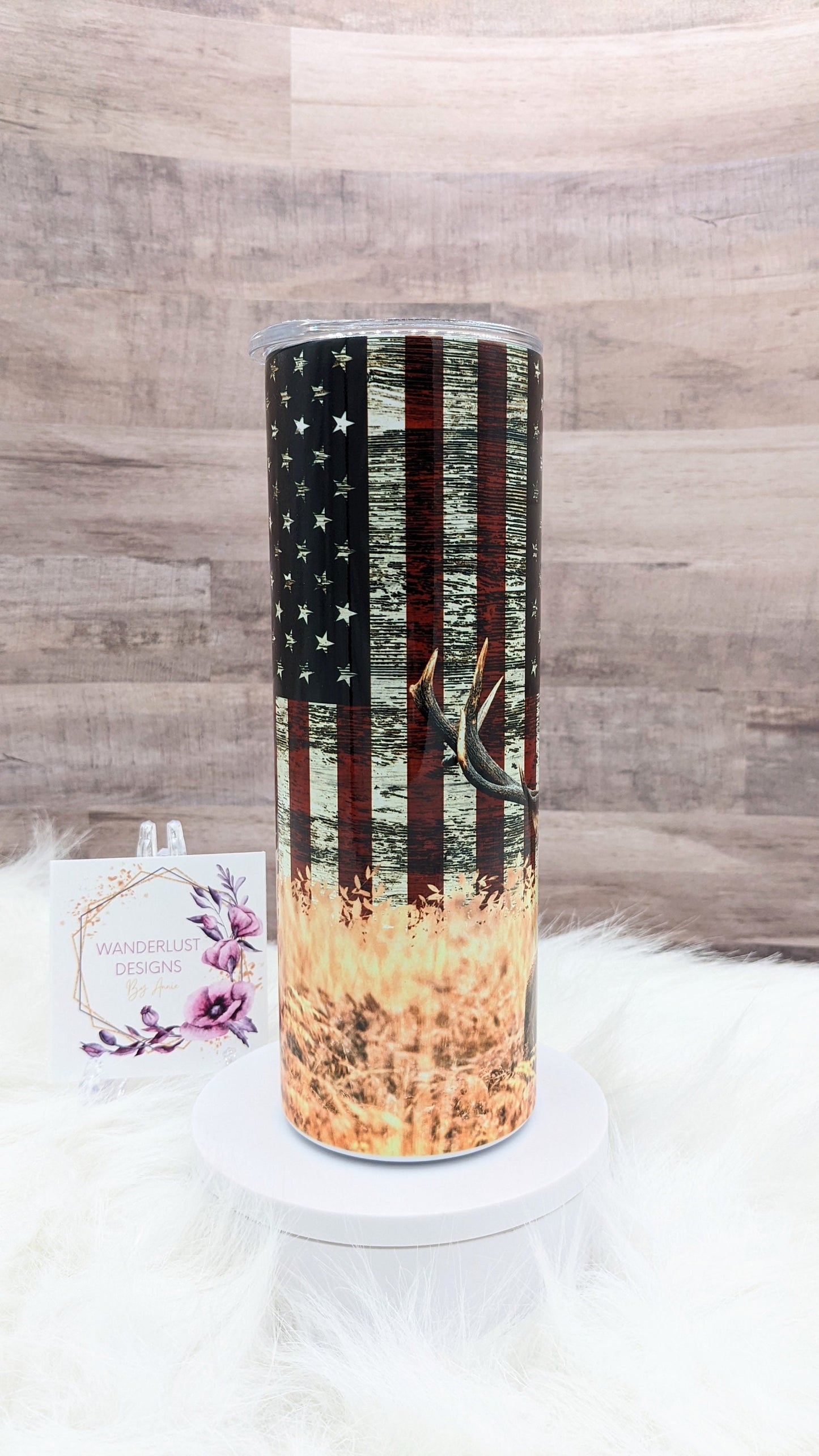 Deer with American Flag Buck Hunting 20 Oz Sublimated Skinny Tumbler - Insulated Stainless Patriotic