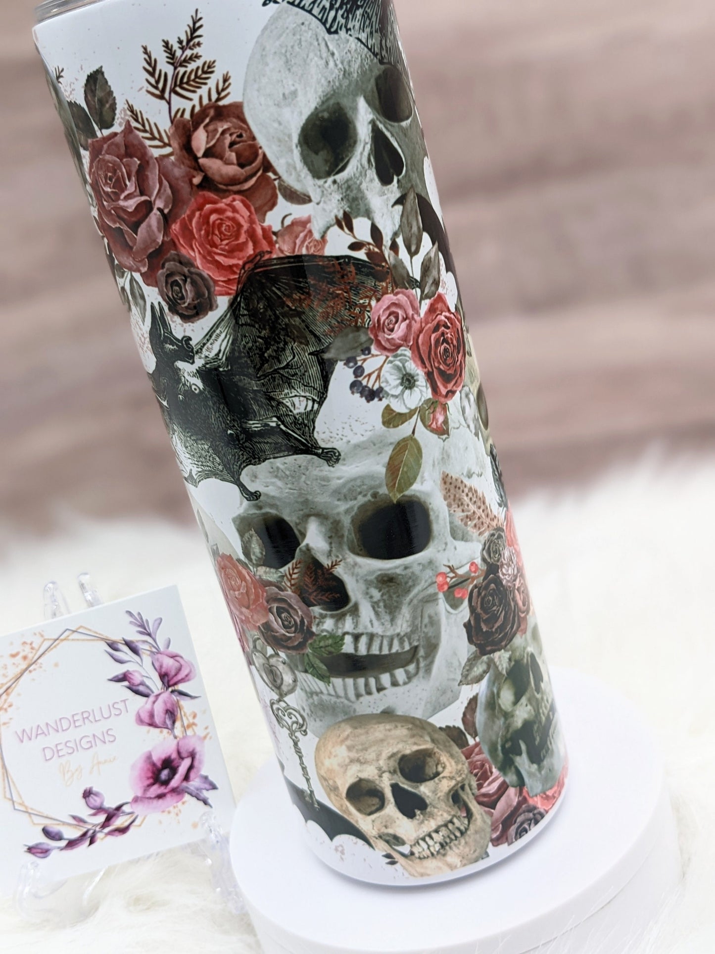 Spooky Skulls with Flowers/Roses and Bats 20 Oz Sublimated Skinny Tumbler - Insulated Stainless Black, Pink, Grey