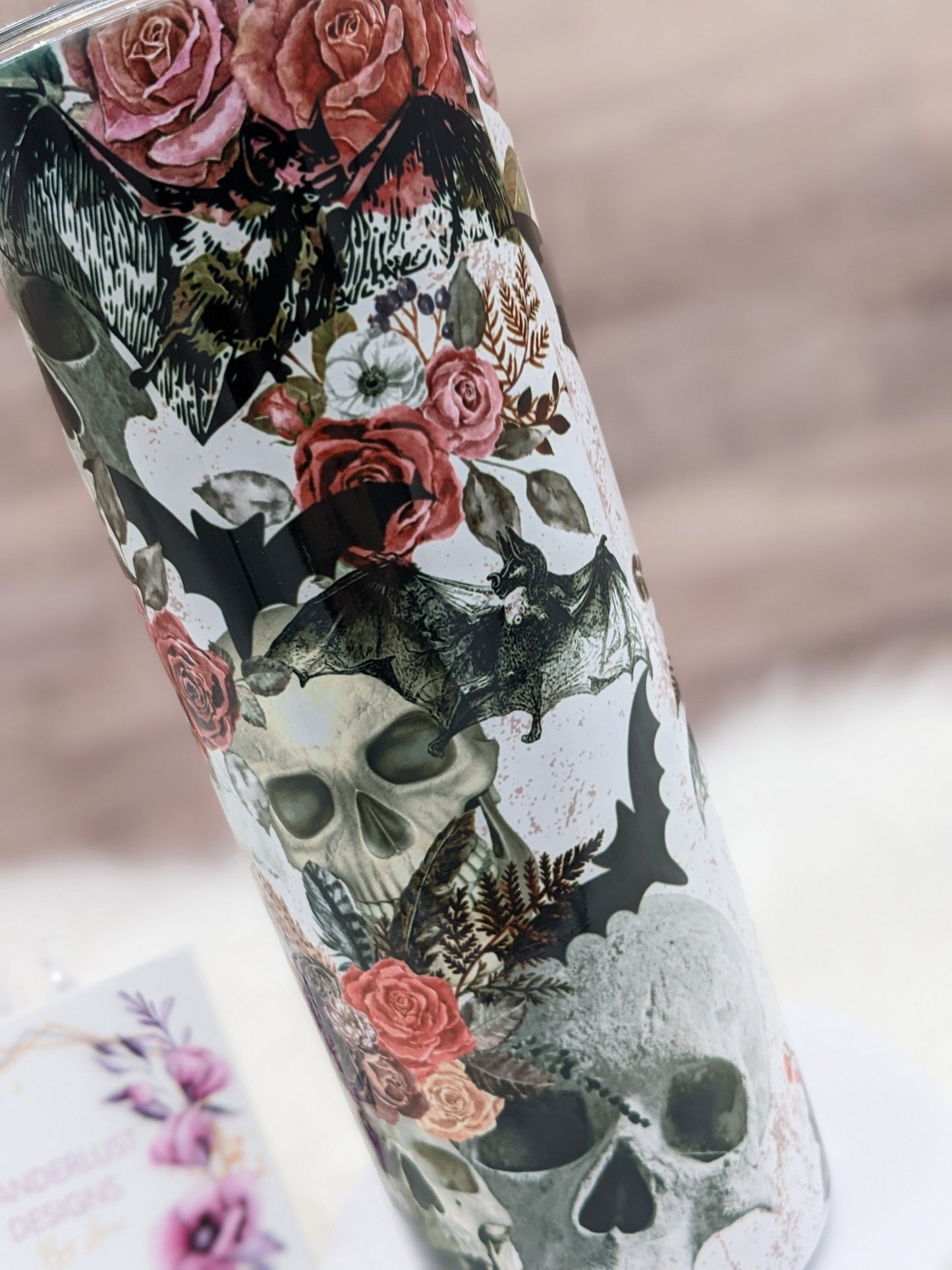 Spooky Skulls with Flowers/Roses and Bats 20 Oz Sublimated Skinny Tumbler - Insulated Stainless Black, Pink, Grey