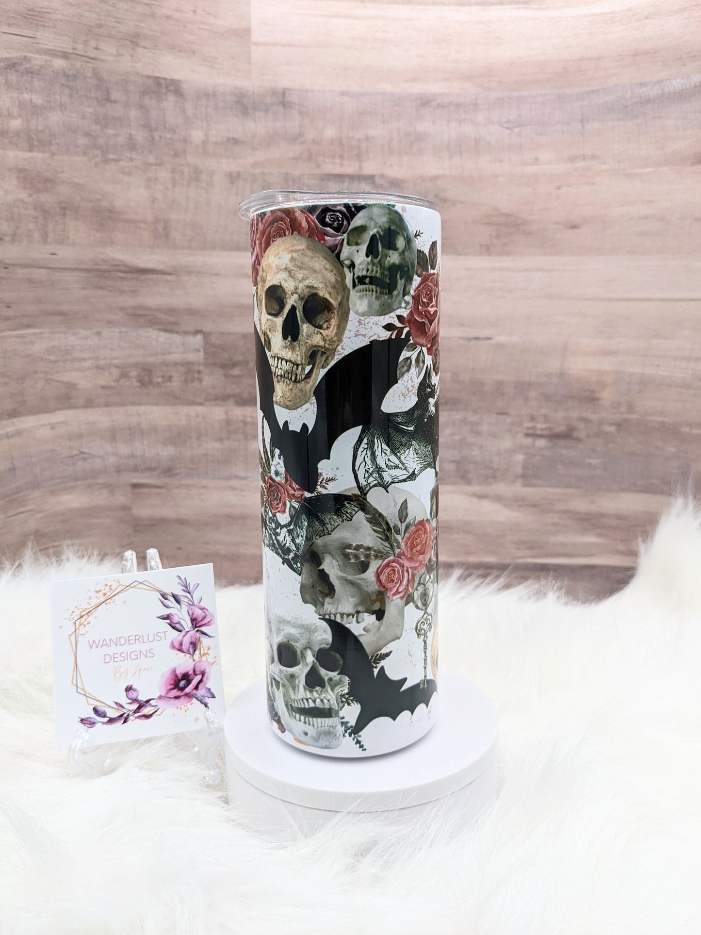 Spooky Skulls with Flowers/Roses and Bats 20 Oz Sublimated Skinny Tumbler - Insulated Stainless Black, Pink, Grey