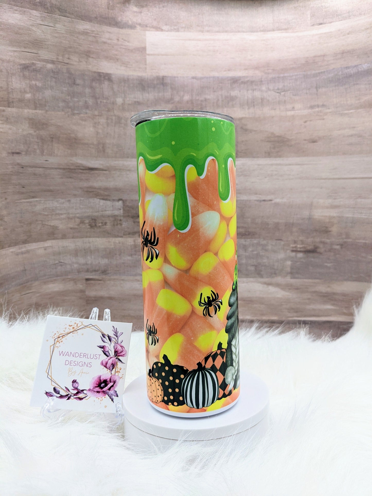 Gnome Candy Corn with Green Slime and Pumpkins Fall Halloween  20 Oz Sublimated Skinny Tumbler - Insulated Stainless