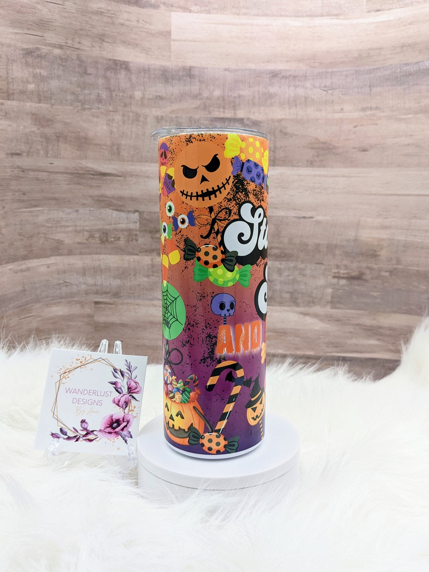 Stay Sweet and Spooky Fall Halloween Candy  20 Oz Sublimated Skinny Tumbler - Insulated Stainless Jackolantern Eyes Monster