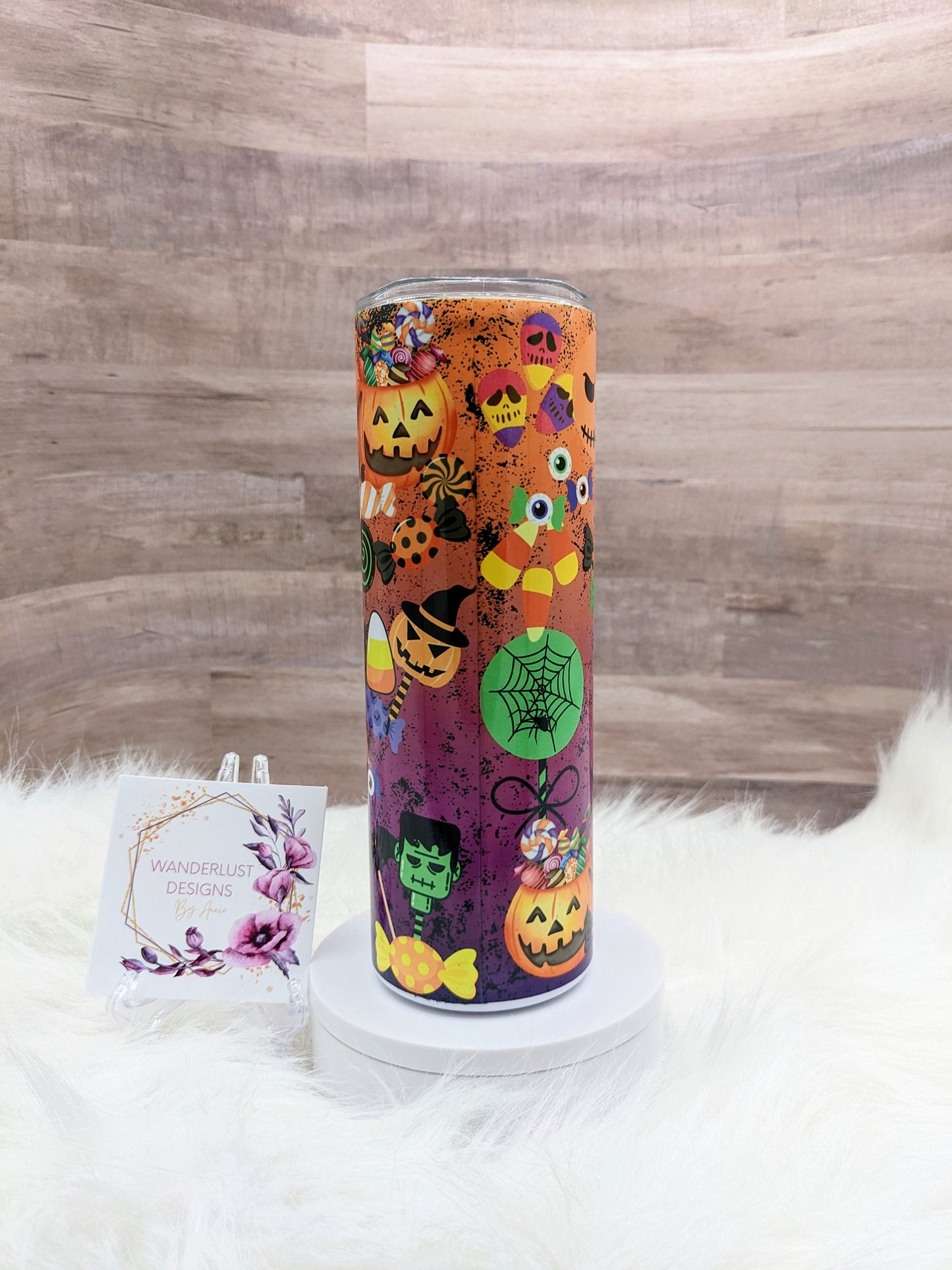 Stay Sweet and Spooky Fall Halloween Candy  20 Oz Sublimated Skinny Tumbler - Insulated Stainless Jackolantern Eyes Monster