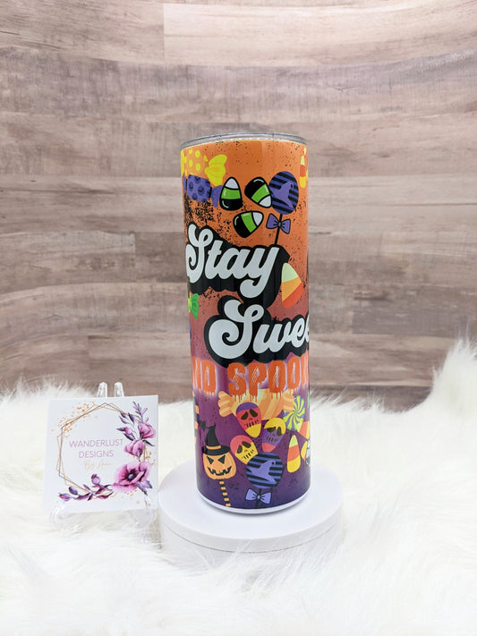 Stay Sweet and Spooky Fall Halloween Candy  20 Oz Sublimated Skinny Tumbler - Insulated Stainless Jackolantern Eyes Monster