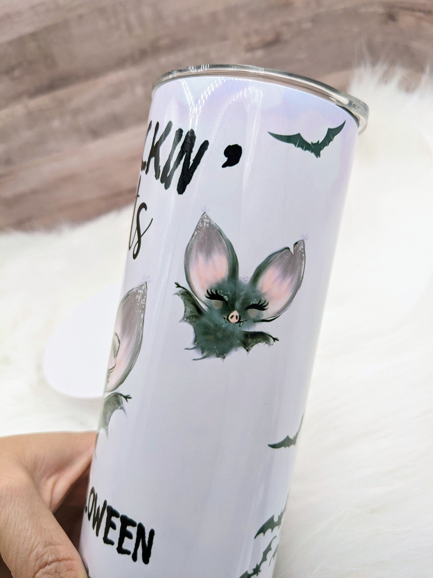 It's Frickin' Bats I Love Halloween Pale Lavender Cute with Bow 20 Oz Sublimated Skinny Tumbler - Insulated Stainless