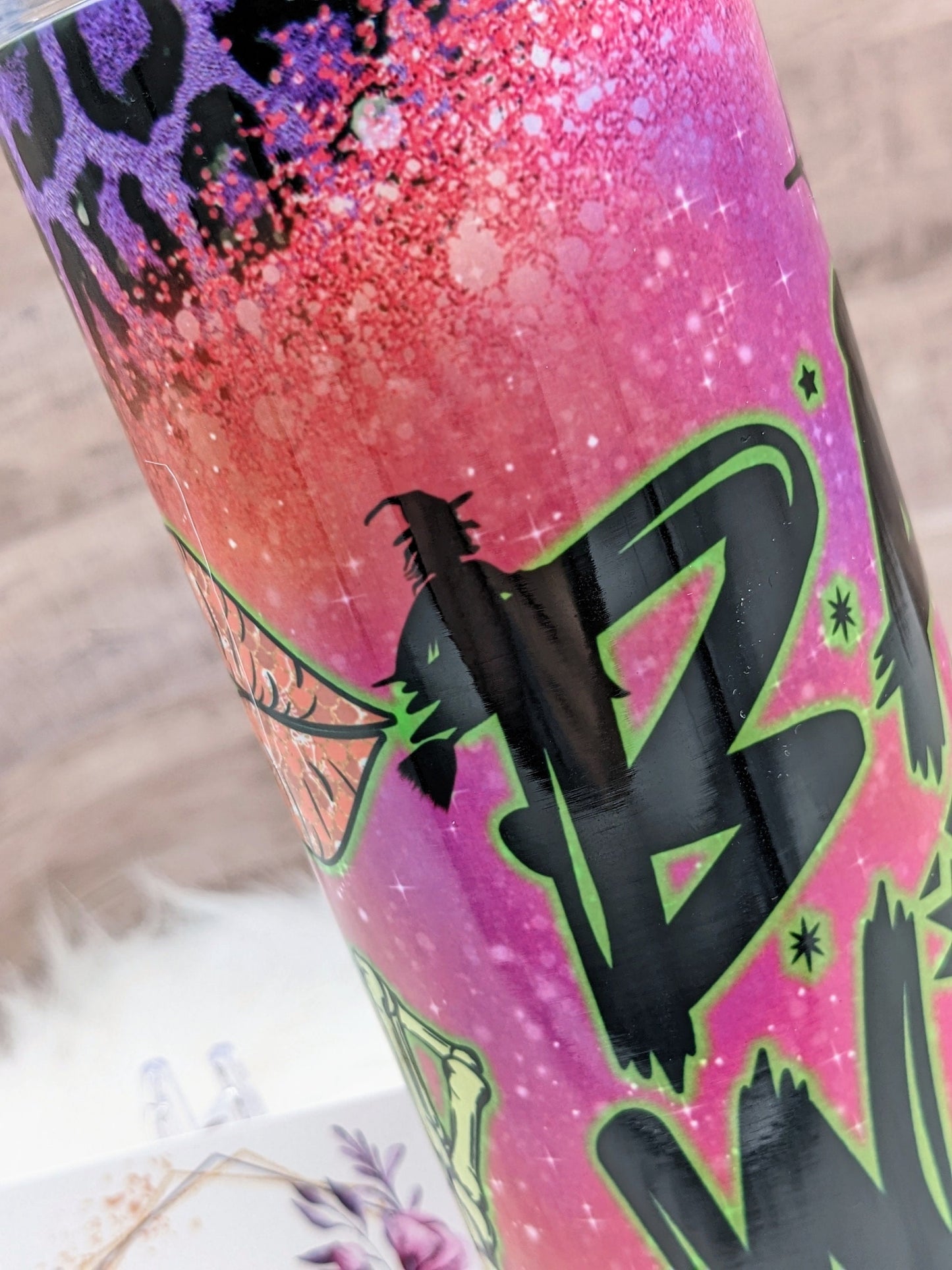 Bad Witch Vibes Pink Glitter & Purple Leopard Print 20 Oz Sublimated Skinny Tumbler - Insulated Stainless