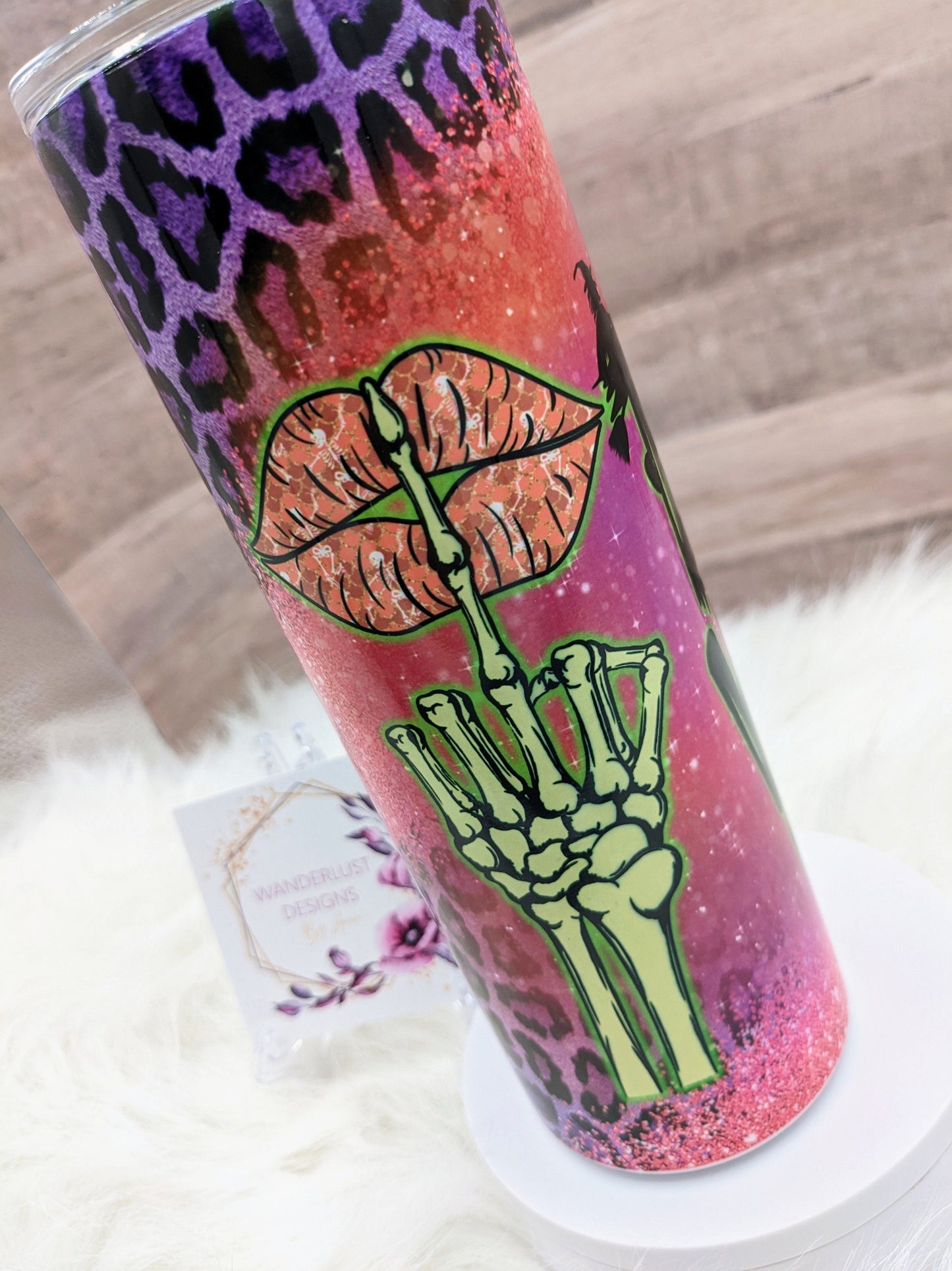 Bad Witch Vibes Pink Glitter & Purple Leopard Print 20 Oz Sublimated Skinny Tumbler - Insulated Stainless