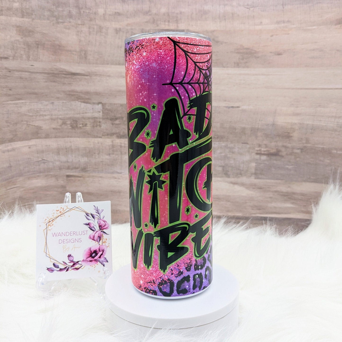 Bad Witch Vibes Pink Glitter & Purple Leopard Print 20 Oz Sublimated Skinny Tumbler - Insulated Stainless