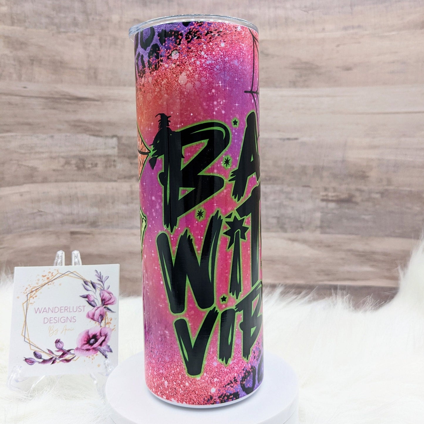 Bad Witch Vibes Pink Glitter & Purple Leopard Print 20 Oz Sublimated Skinny Tumbler - Insulated Stainless