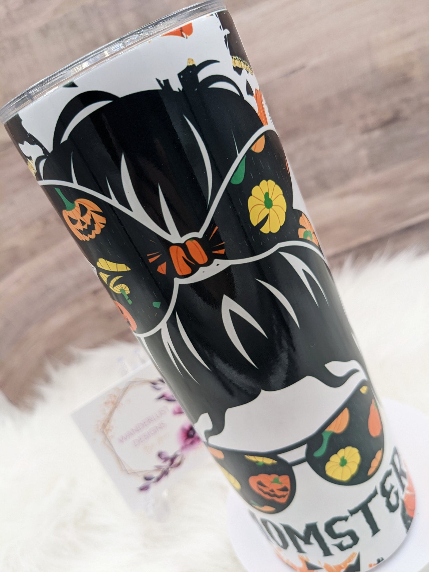 Momster Spooky Mom Pumpkins/Jackolanterns 20 Oz Sublimated Skinny Tumbler - Insulated Stainless Bun and Glasses Black Orange Yellow