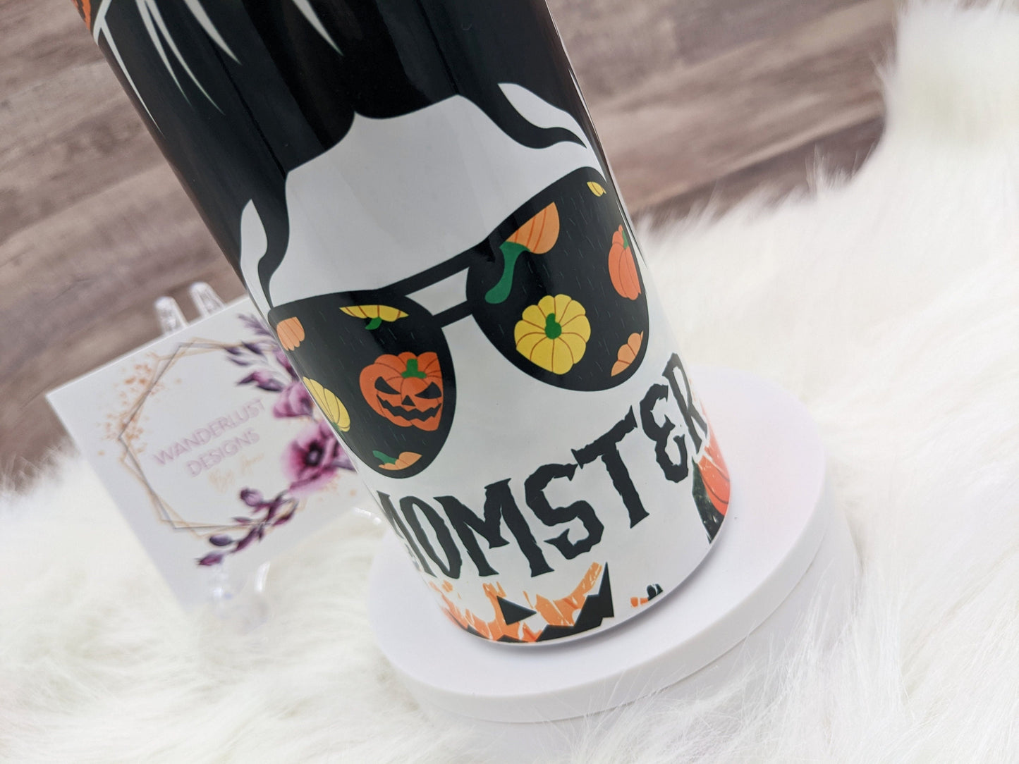 Momster Spooky Mom Pumpkins/Jackolanterns 20 Oz Sublimated Skinny Tumbler - Insulated Stainless Bun and Glasses Black Orange Yellow