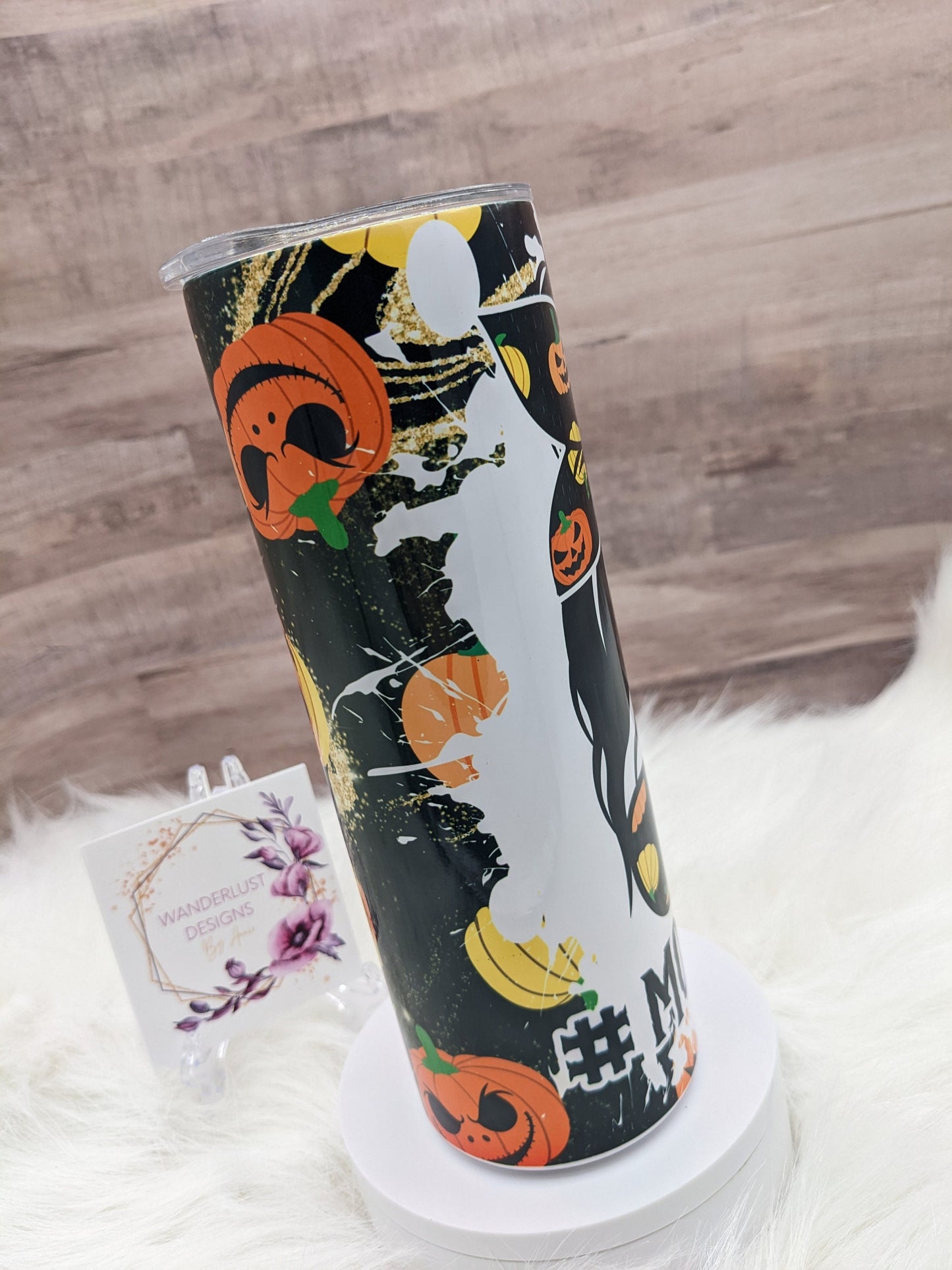 Momster Spooky Mom Pumpkins/Jackolanterns 20 Oz Sublimated Skinny Tumbler - Insulated Stainless Bun and Glasses Black Orange Yellow