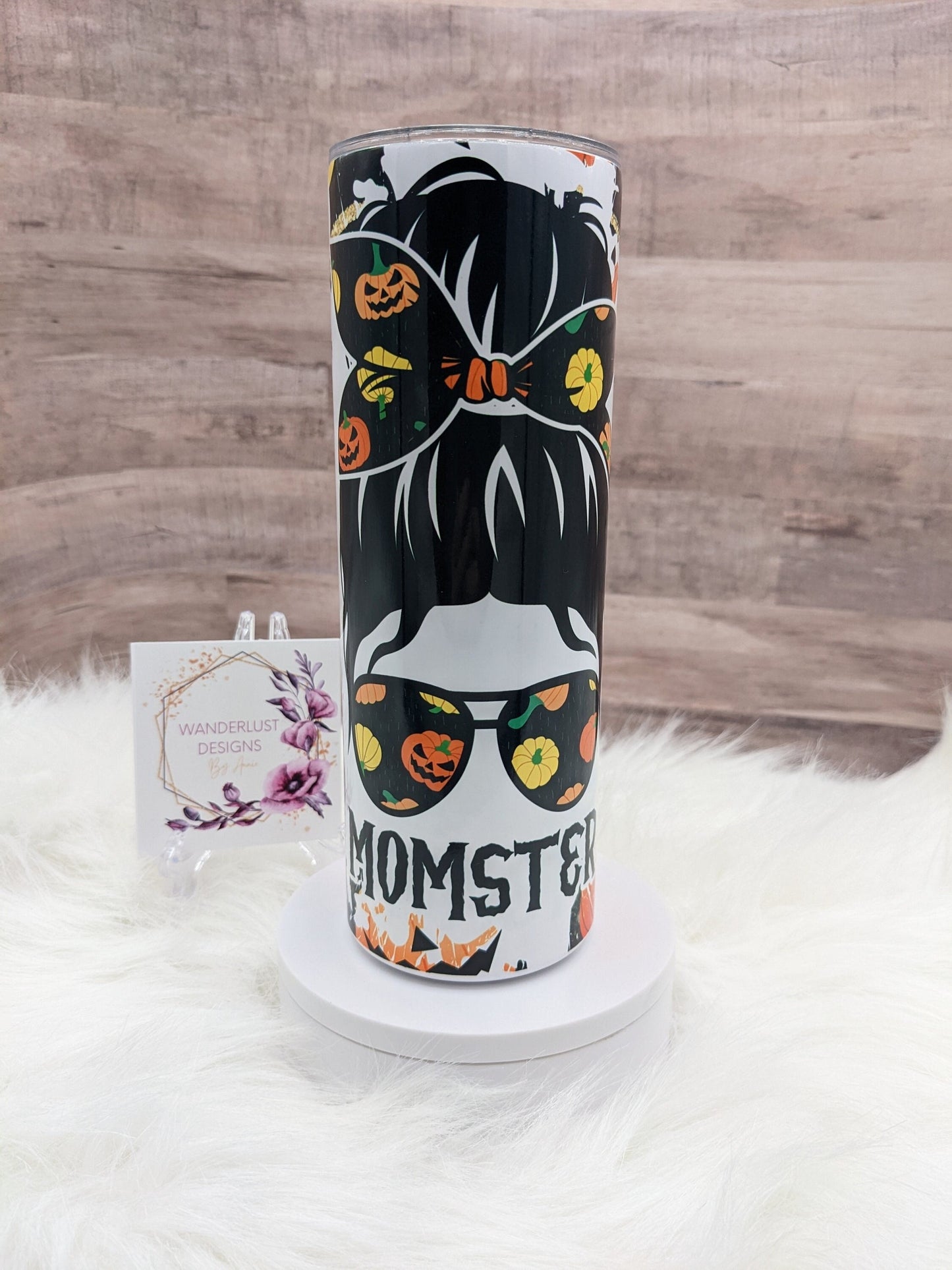 Momster Spooky Mom Pumpkins/Jackolanterns 20 Oz Sublimated Skinny Tumbler - Insulated Stainless Bun and Glasses Black Orange Yellow