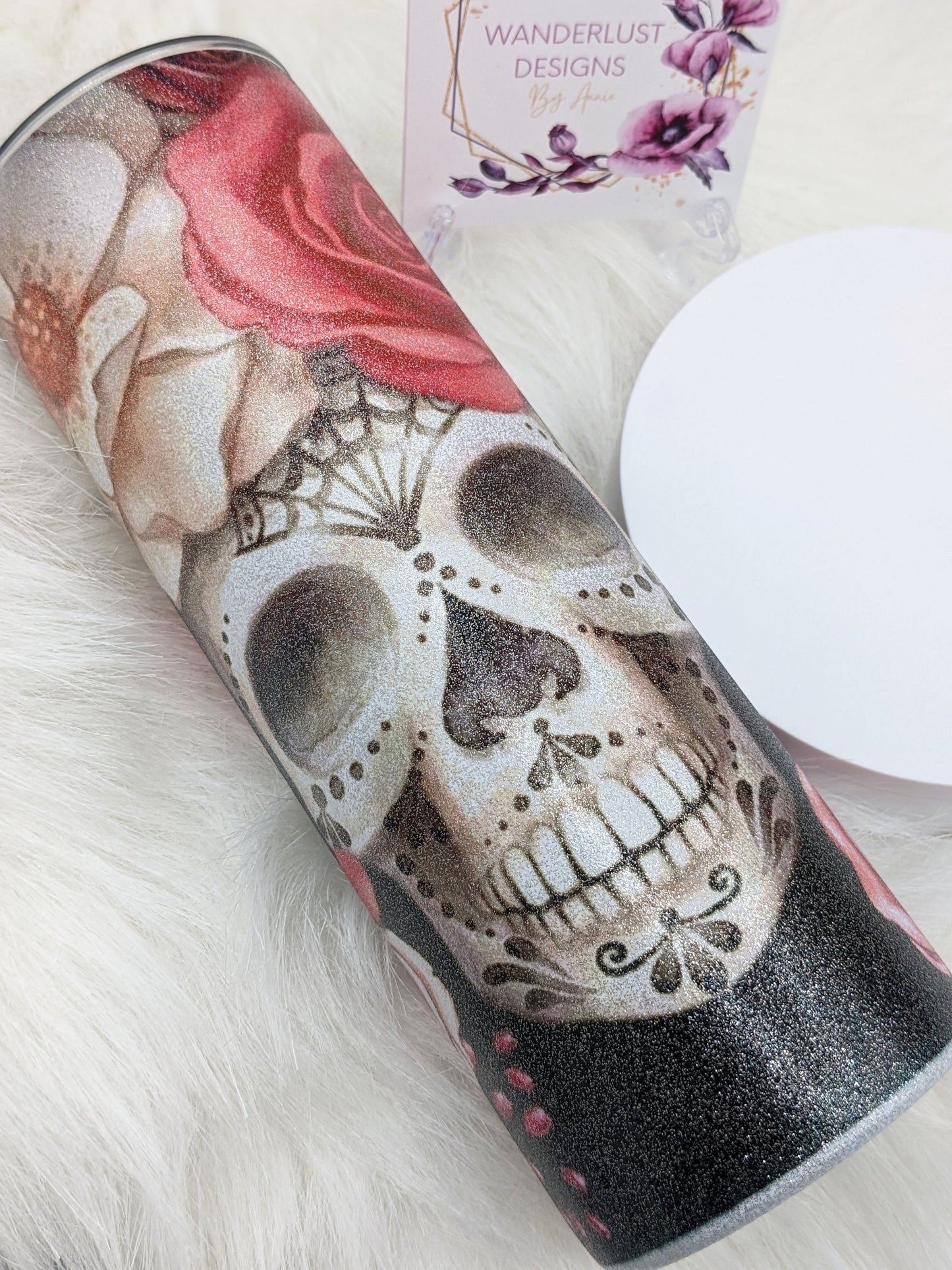 Spooky Skulls with Flowers/Roses and Bats 20 Oz Sublimated Skinny Tumbler - Insulated Stainless Black, Pink, Grey